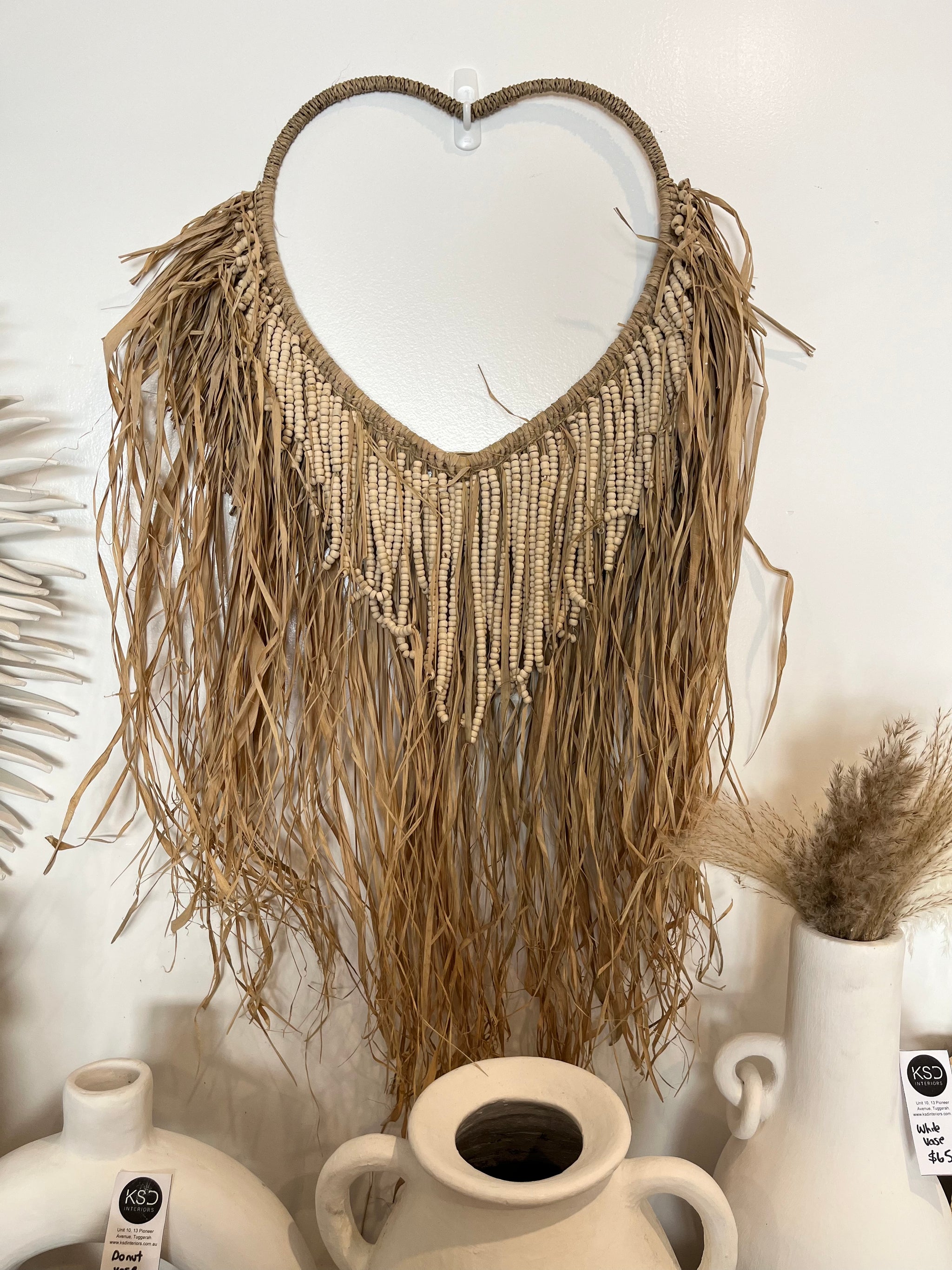 Heart shaped Raffia and natural bead wall hanging. - Bali Beach Beyond