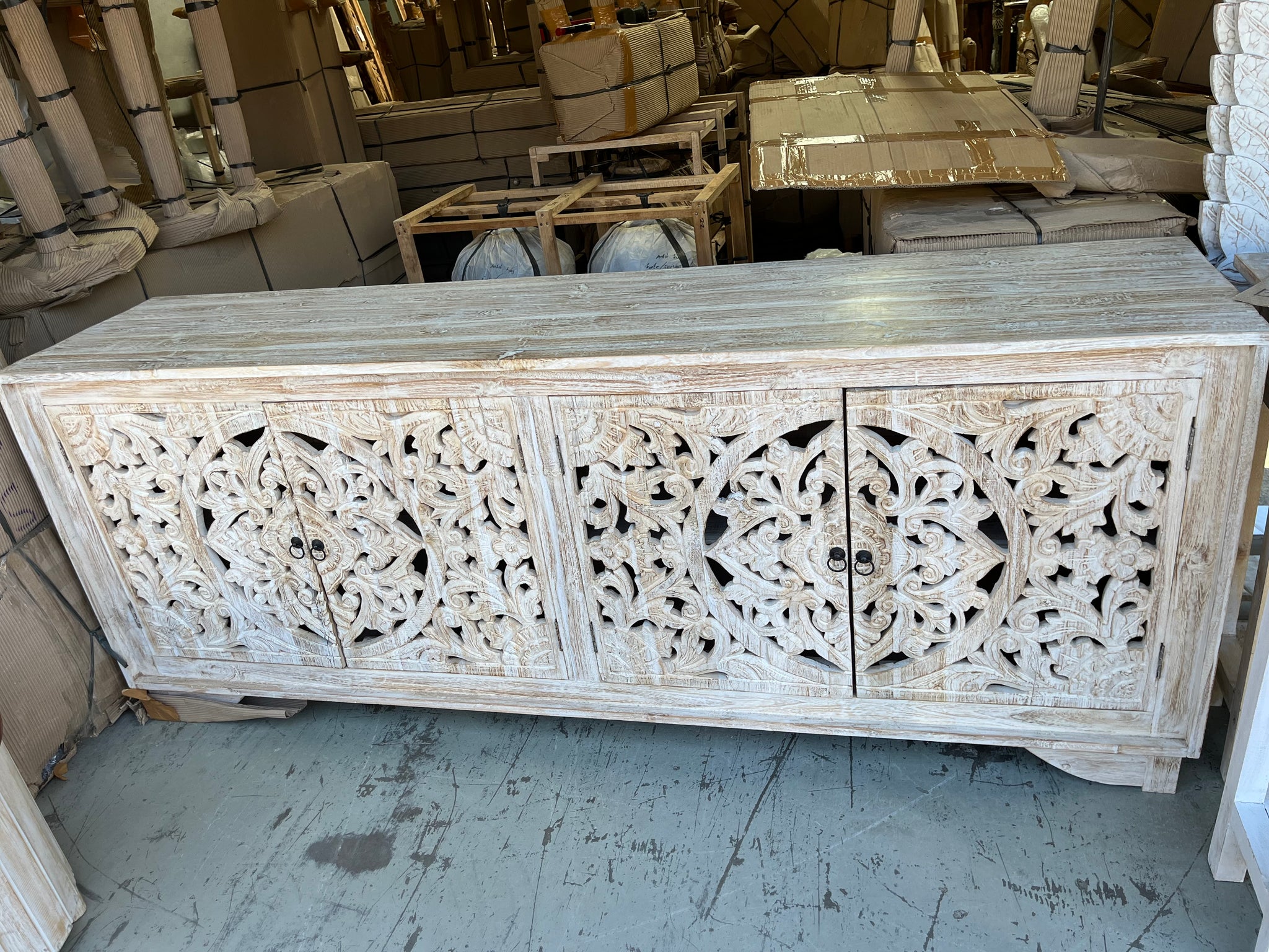 Carved rustic white timber sideboard / 4 door cabinet - Bali Beach Beyond