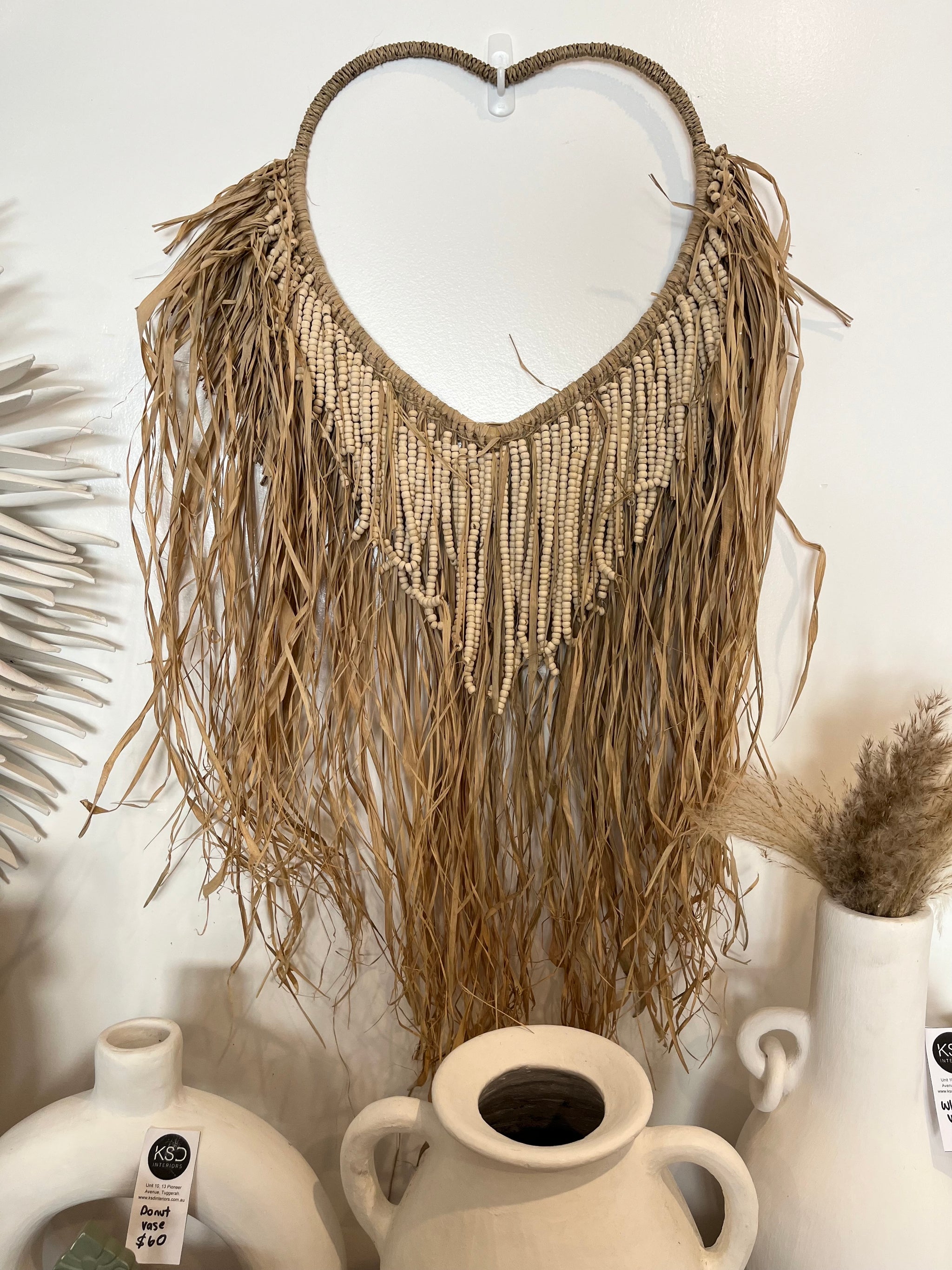 Heart shaped Raffia and natural bead wall hanging. - Bali Beach Beyond