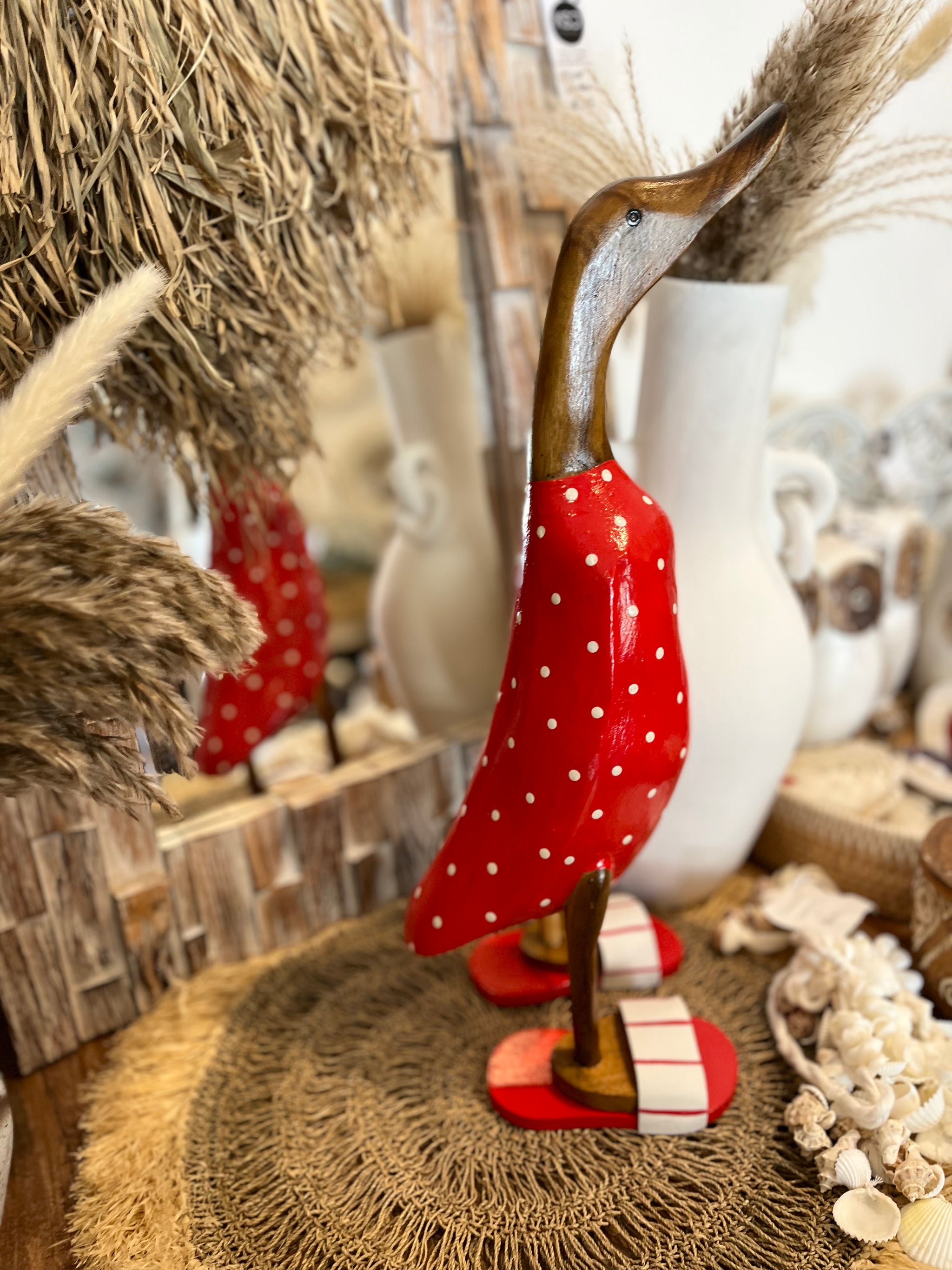 Timber handpainted red duck with white spots L - Bali Beach Beyond