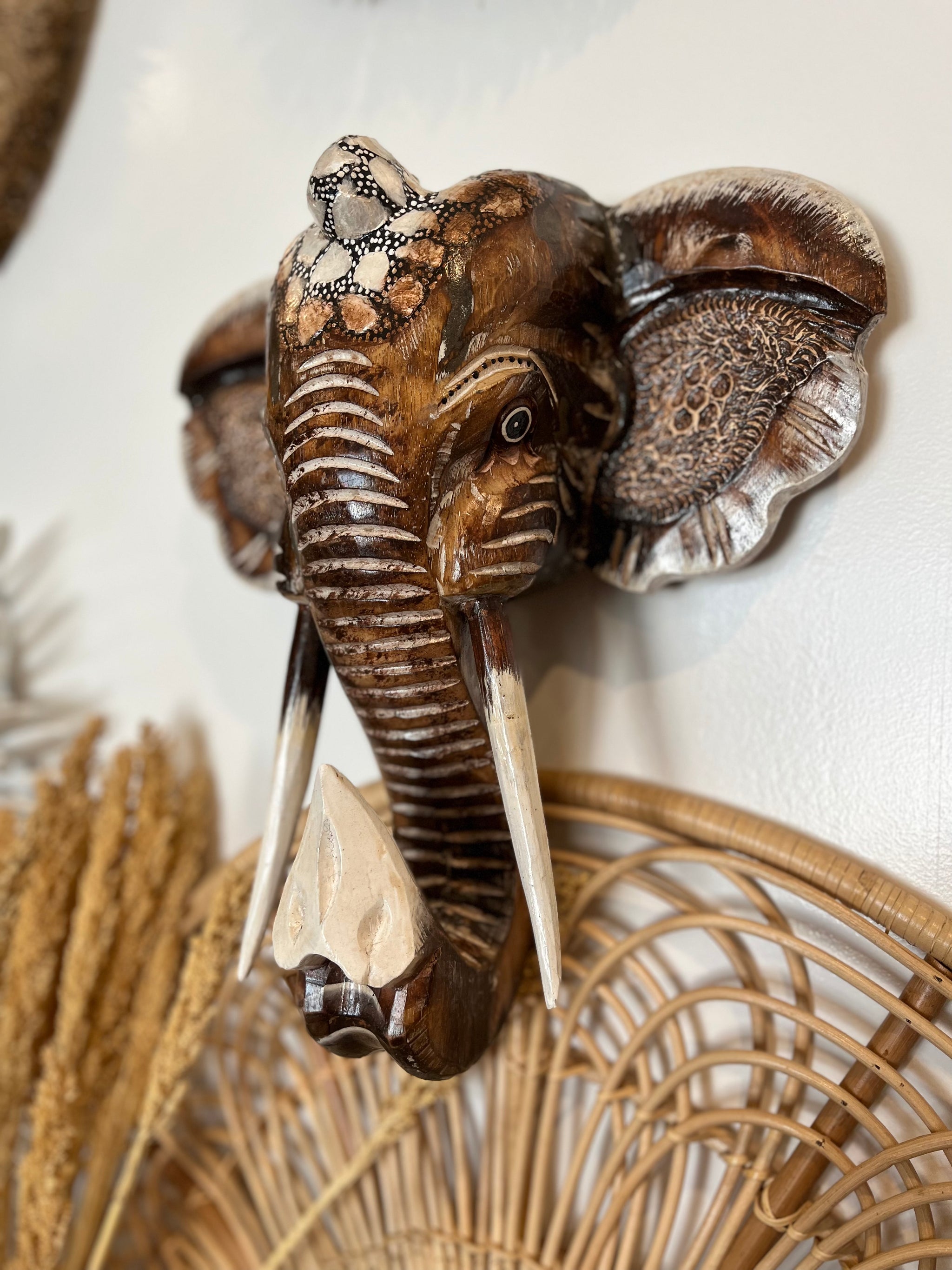 Brown handpainted elephant head wall hanging - Bali Beach Beyond