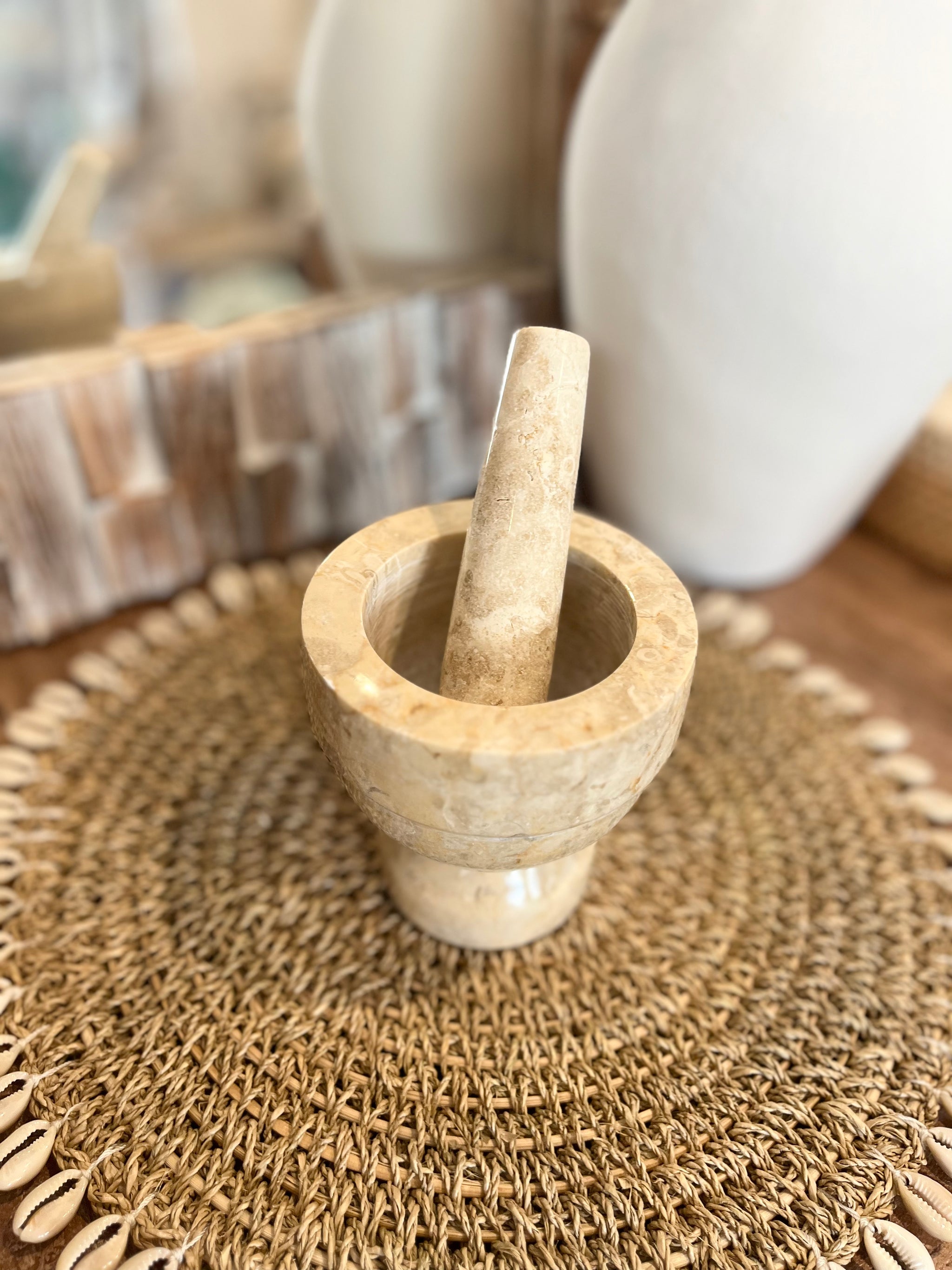 Natural marble mortar and pestle - Bali Beach Beyond