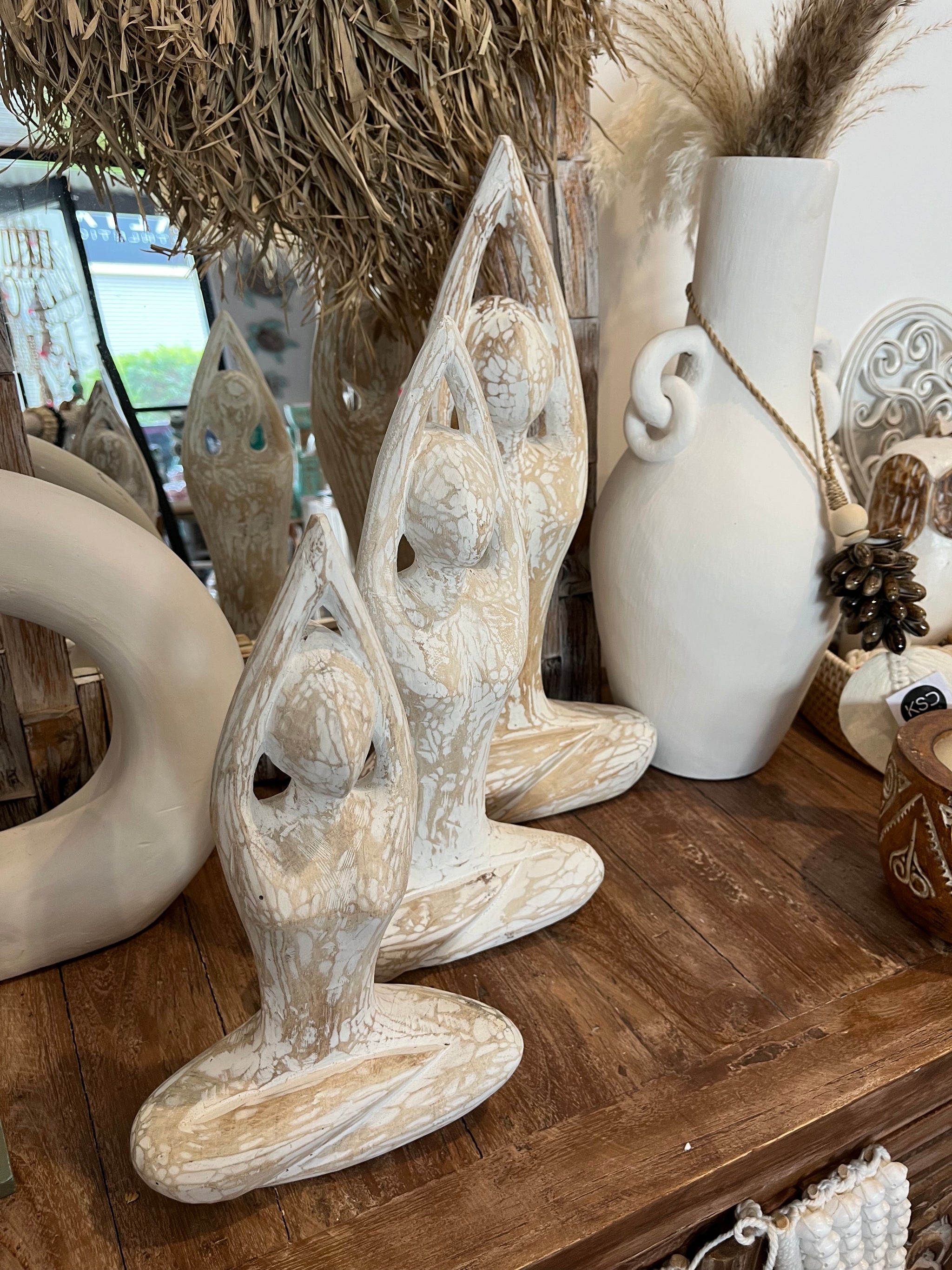 Set 3 timber yoga statues rustic natural - Bali Beach Beyond