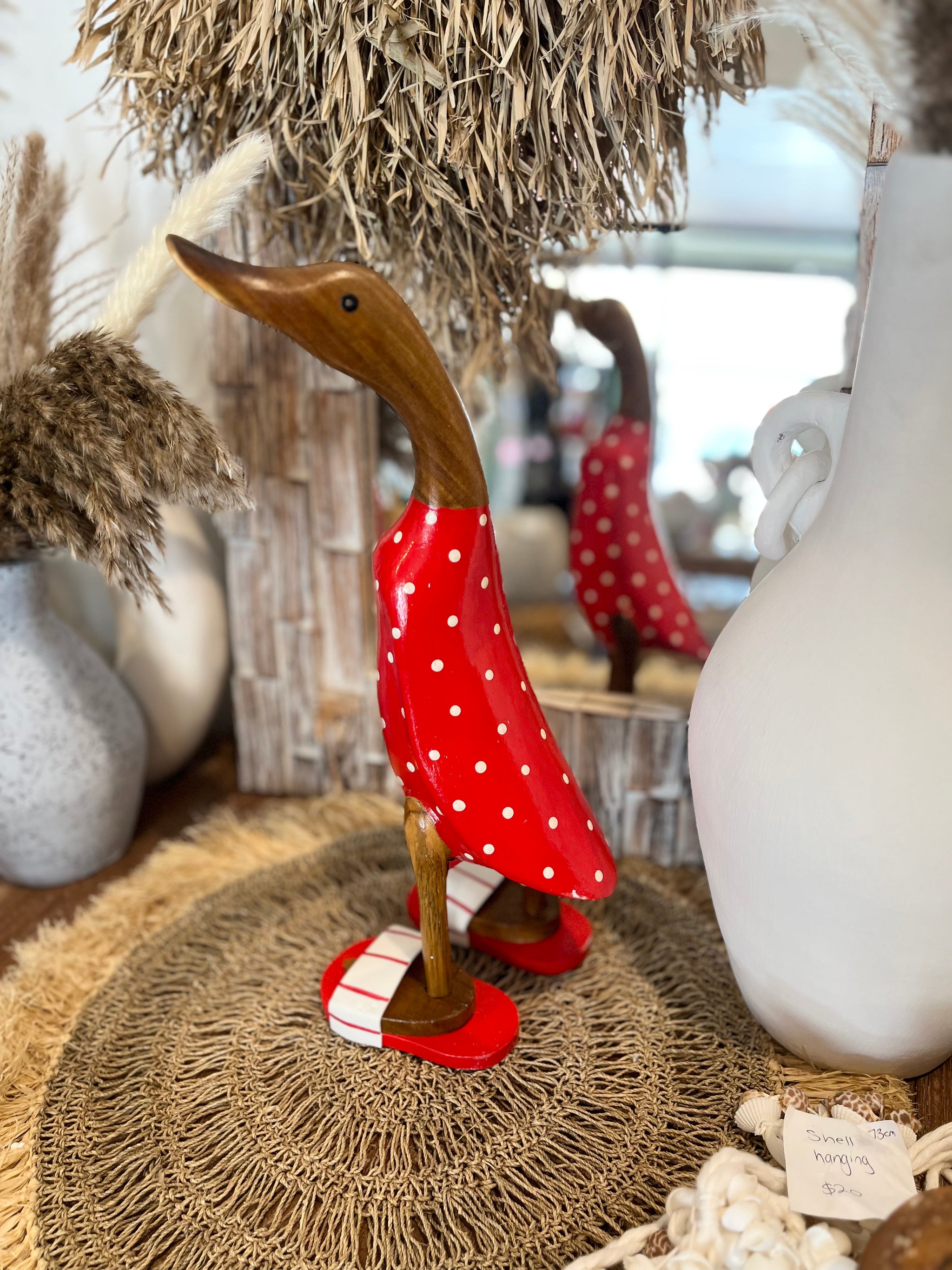 Timber handpainted red duck with white spots M - Bali Beach Beyond