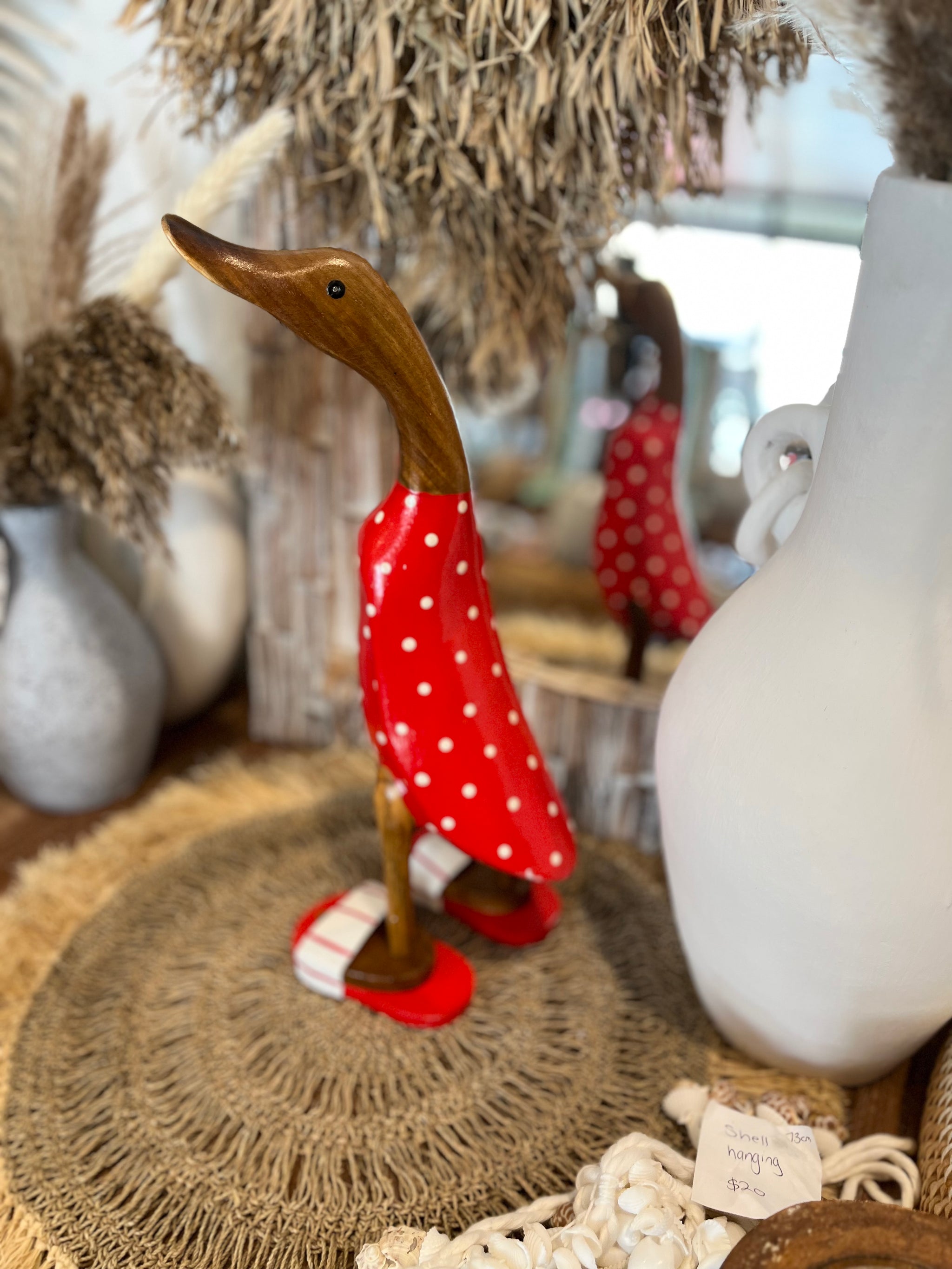 Timber handpainted red duck with white spots M - Bali Beach Beyond
