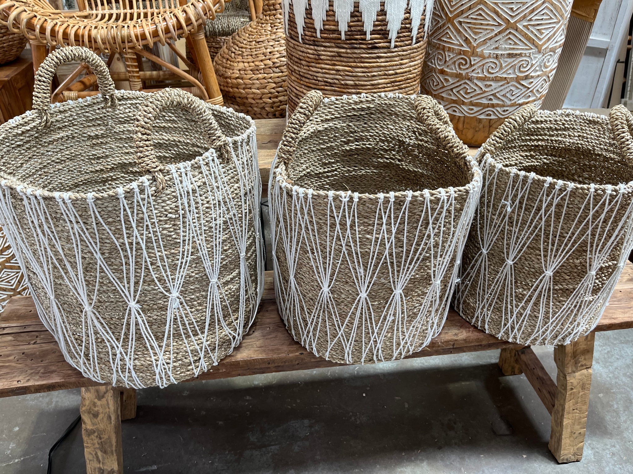 Set 3. Woven natural basket with macrame. - Bali Beach Beyond