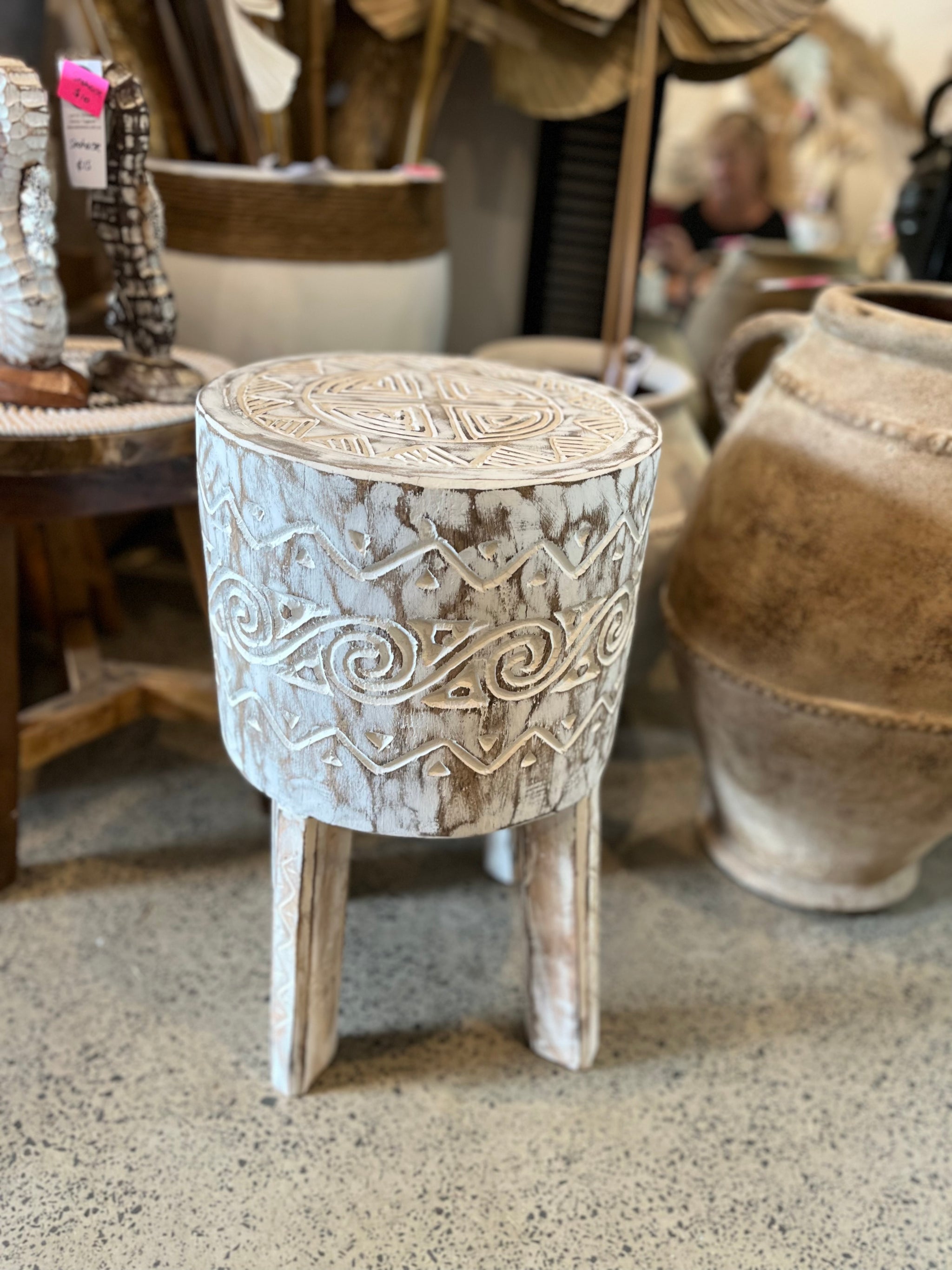 Timber carved stool / side table. 51cm h - Bali Beach Beyond