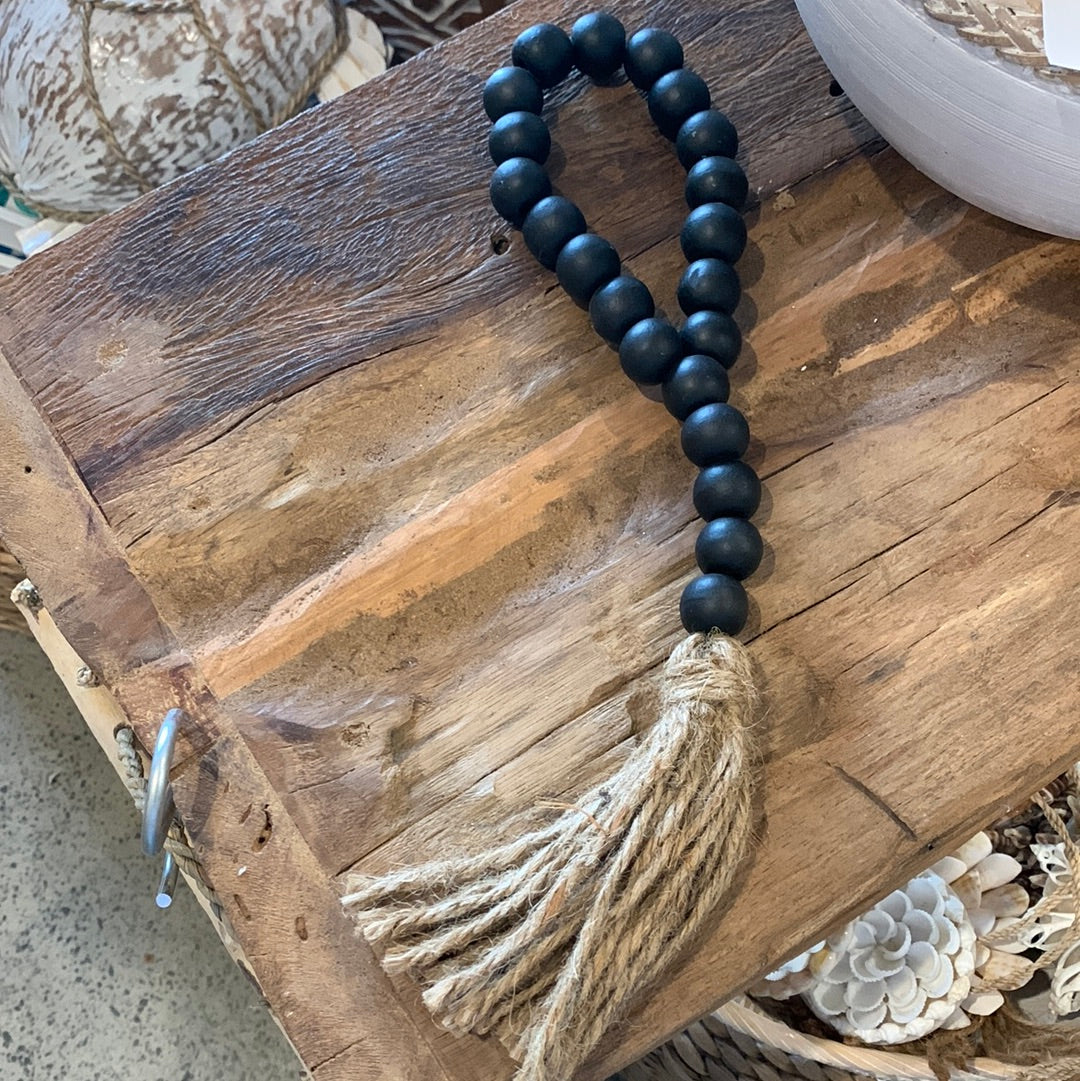 Black bead with natural tassel decoration / curtain tie - Bali Beach Beyond