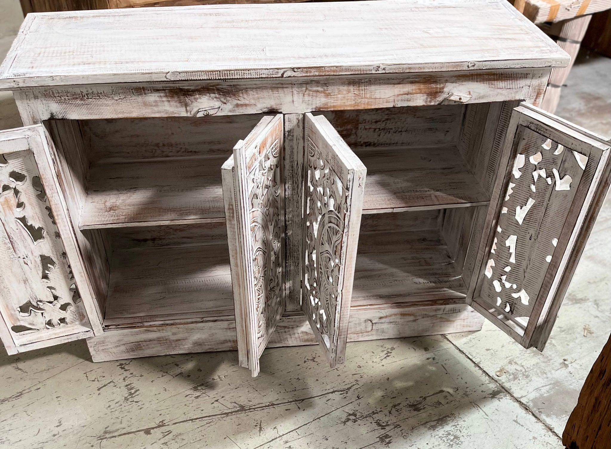 Carved rustic white timber cabinet with 4 doors - Bali Beach Beyond