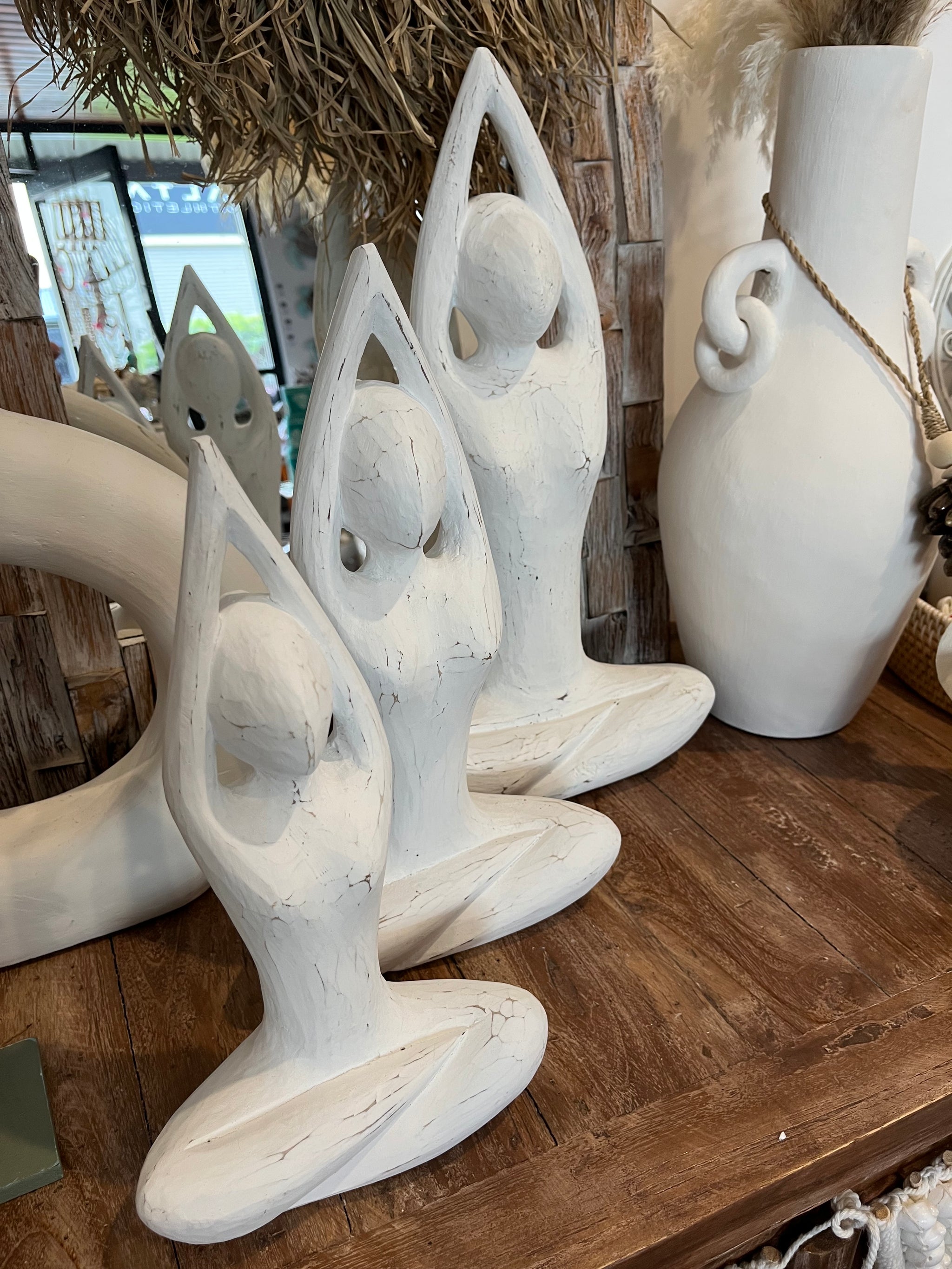 Set 3 timber yoga statues rustic white wash - Bali Beach Beyond