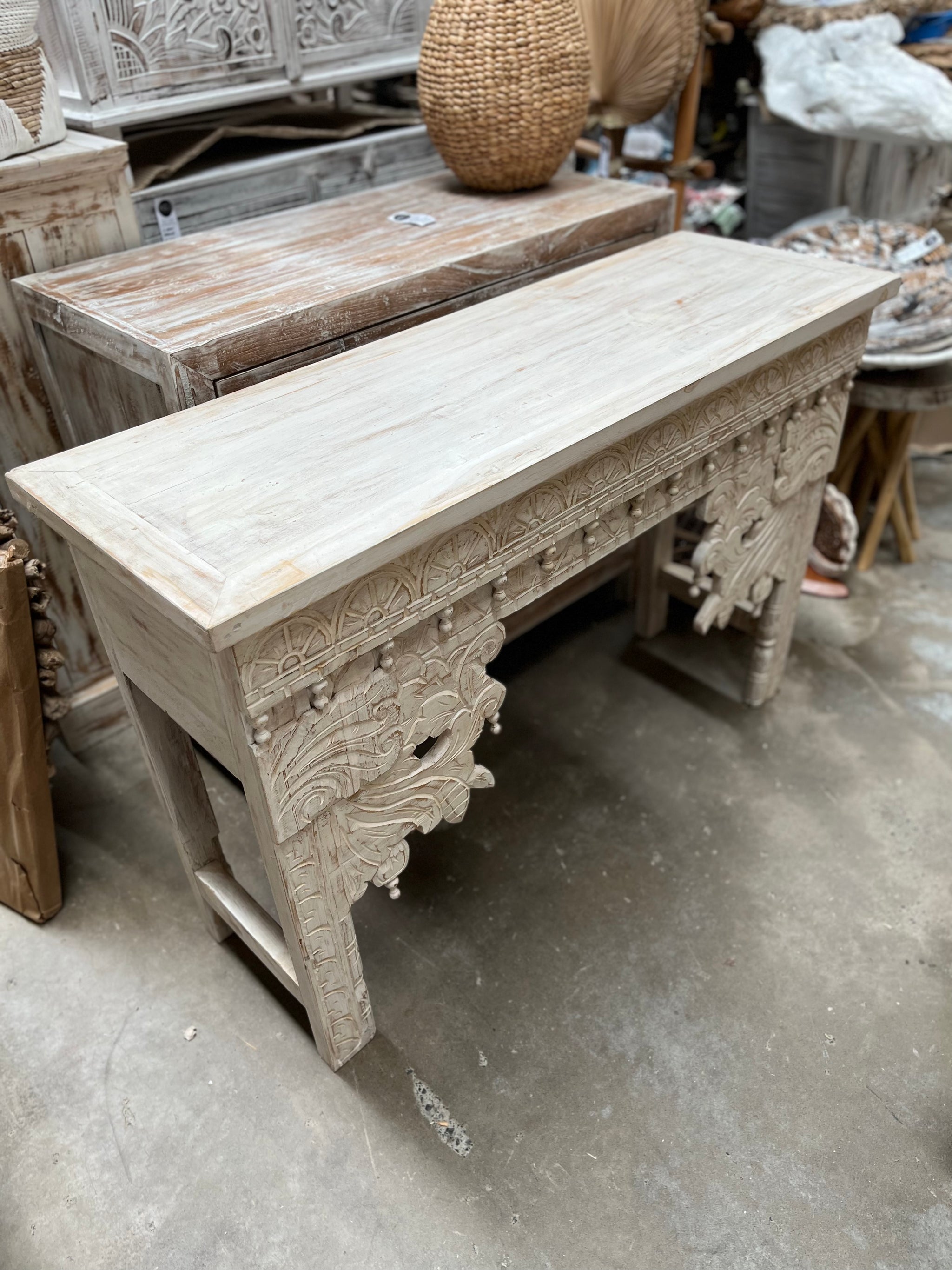 Carved rustic white timber sideboard - Bali Beach Beyond