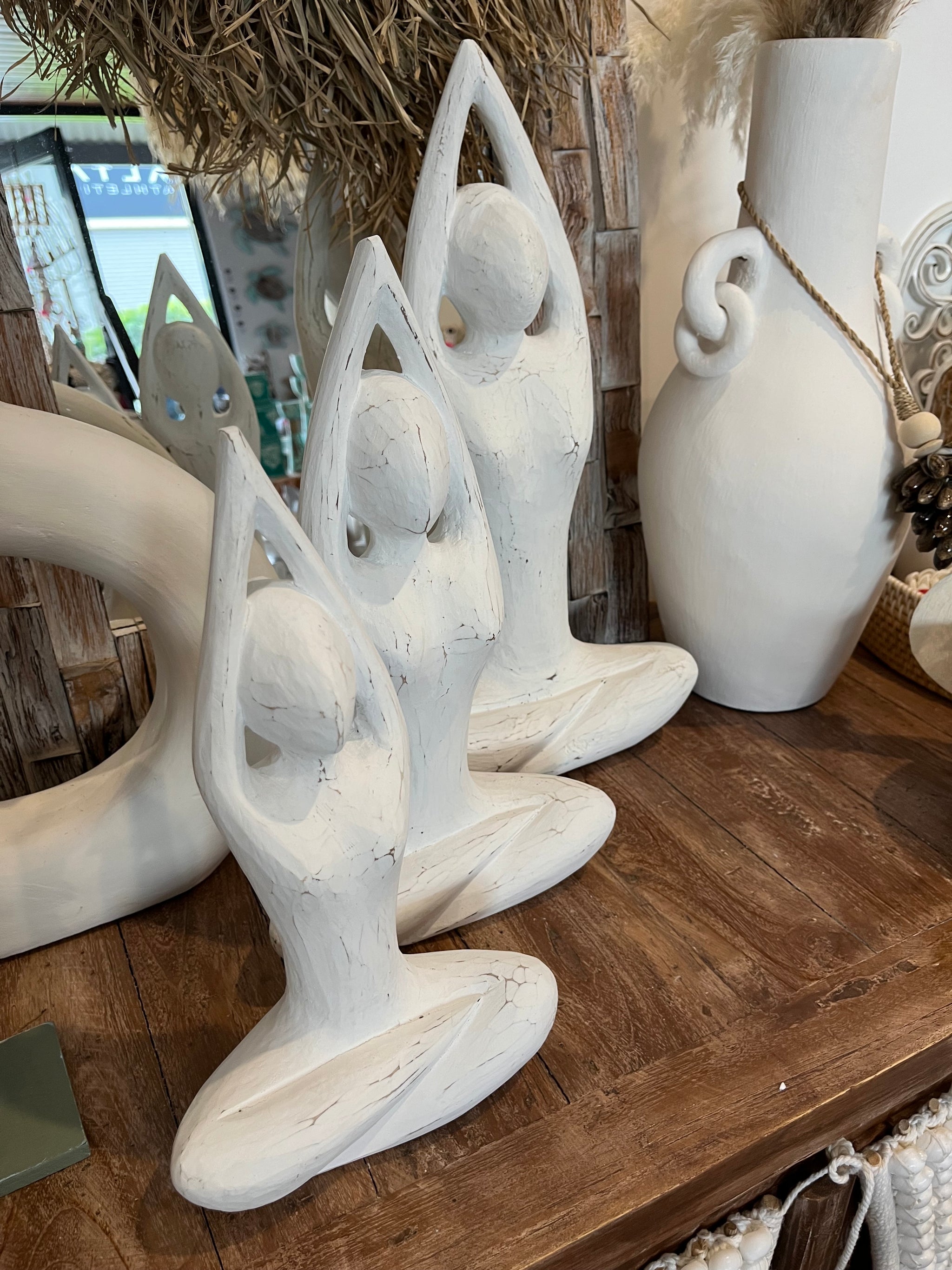 Set 3 timber yoga statues rustic white wash - Bali Beach Beyond