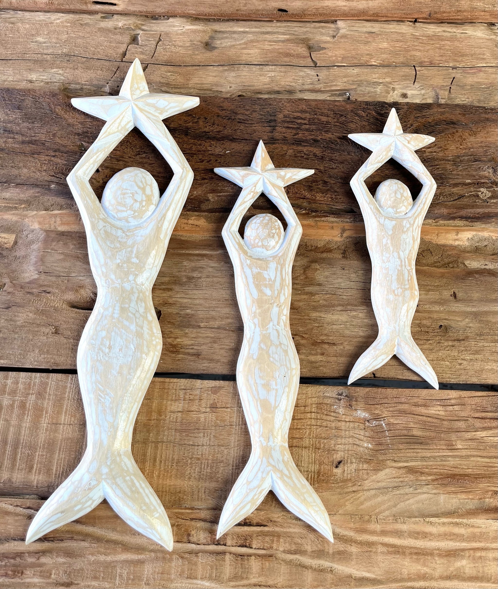 Set 3 white wash timber mermaids - Bali Beach Beyond