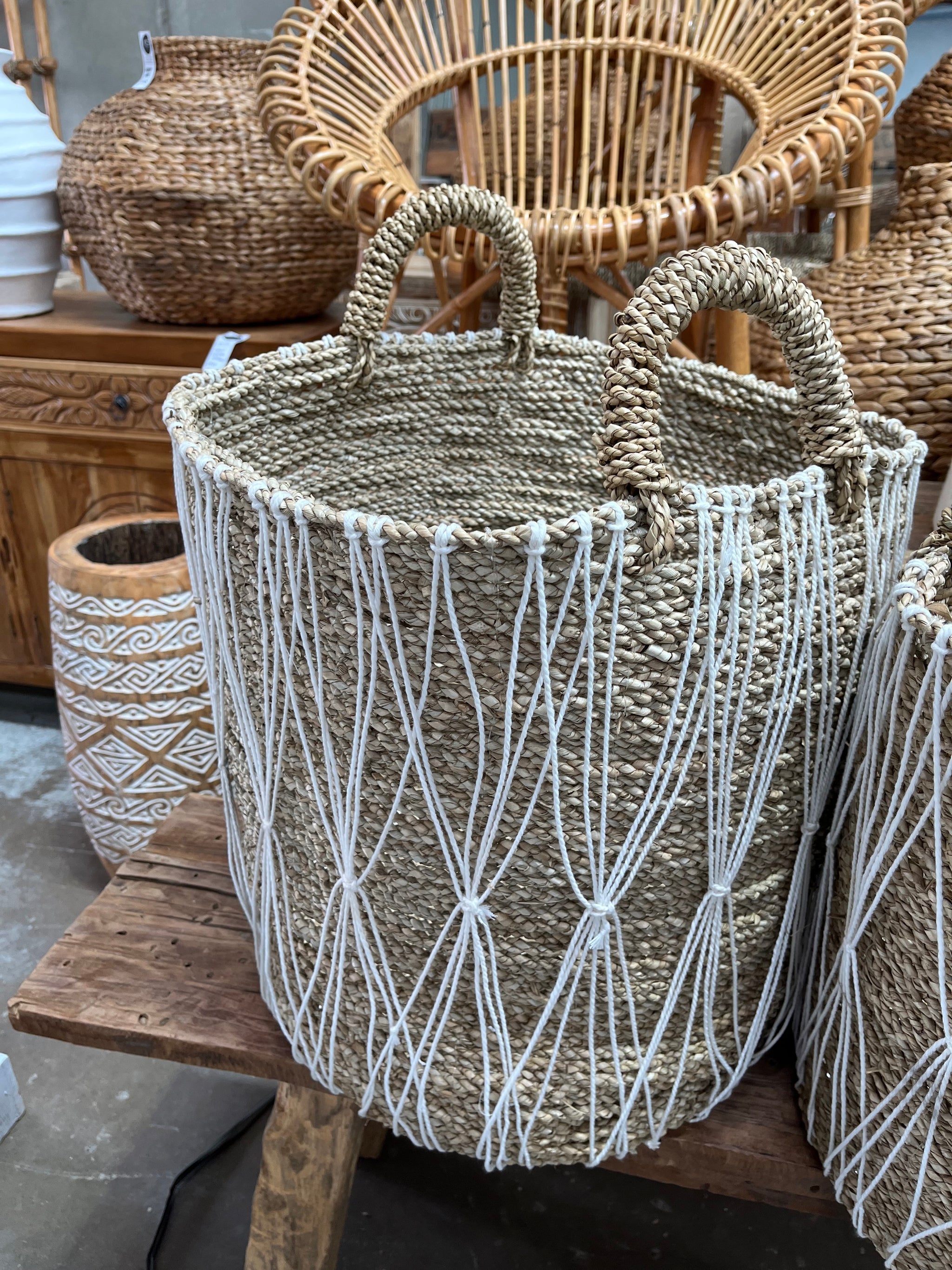 Woven natural basket with macrame. L - Bali Beach Beyond