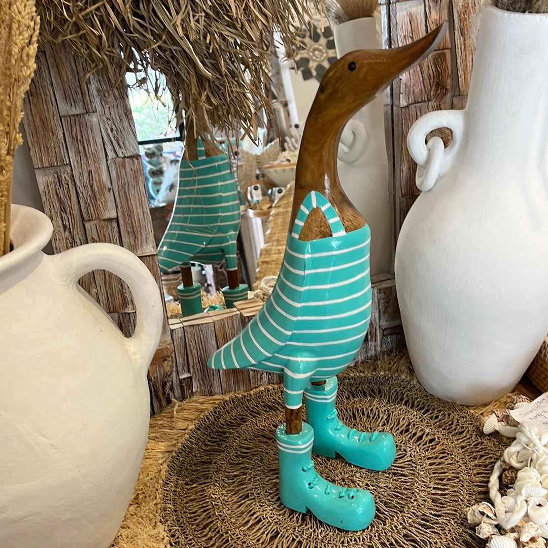 Timber handpainted turquoise striped duck L - Bali Beach Beyond