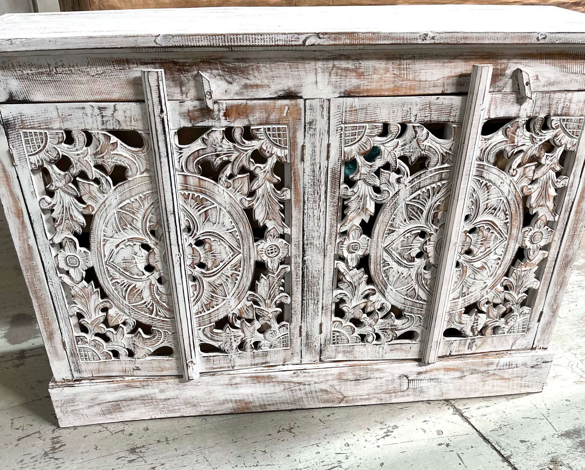 Carved rustic white timber cabinet with 4 doors - Bali Beach Beyond