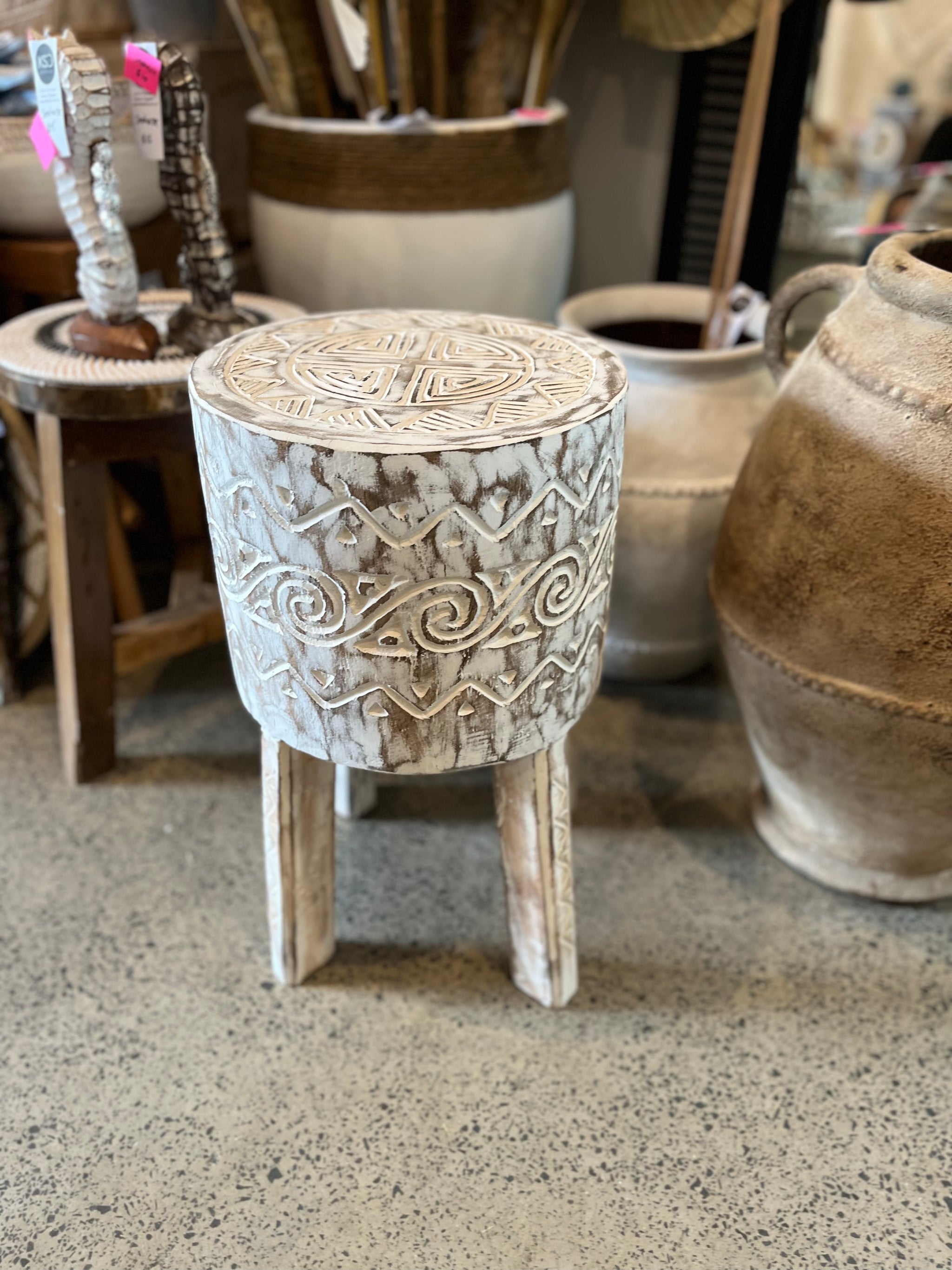 Timber carved stool / side table. 51cm h - Bali Beach Beyond