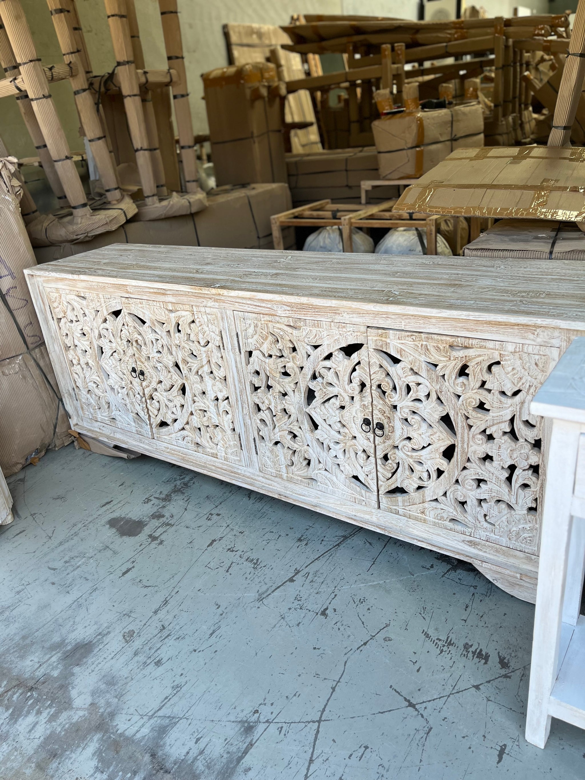 Carved rustic white timber sideboard / 4 door cabinet - Bali Beach Beyond