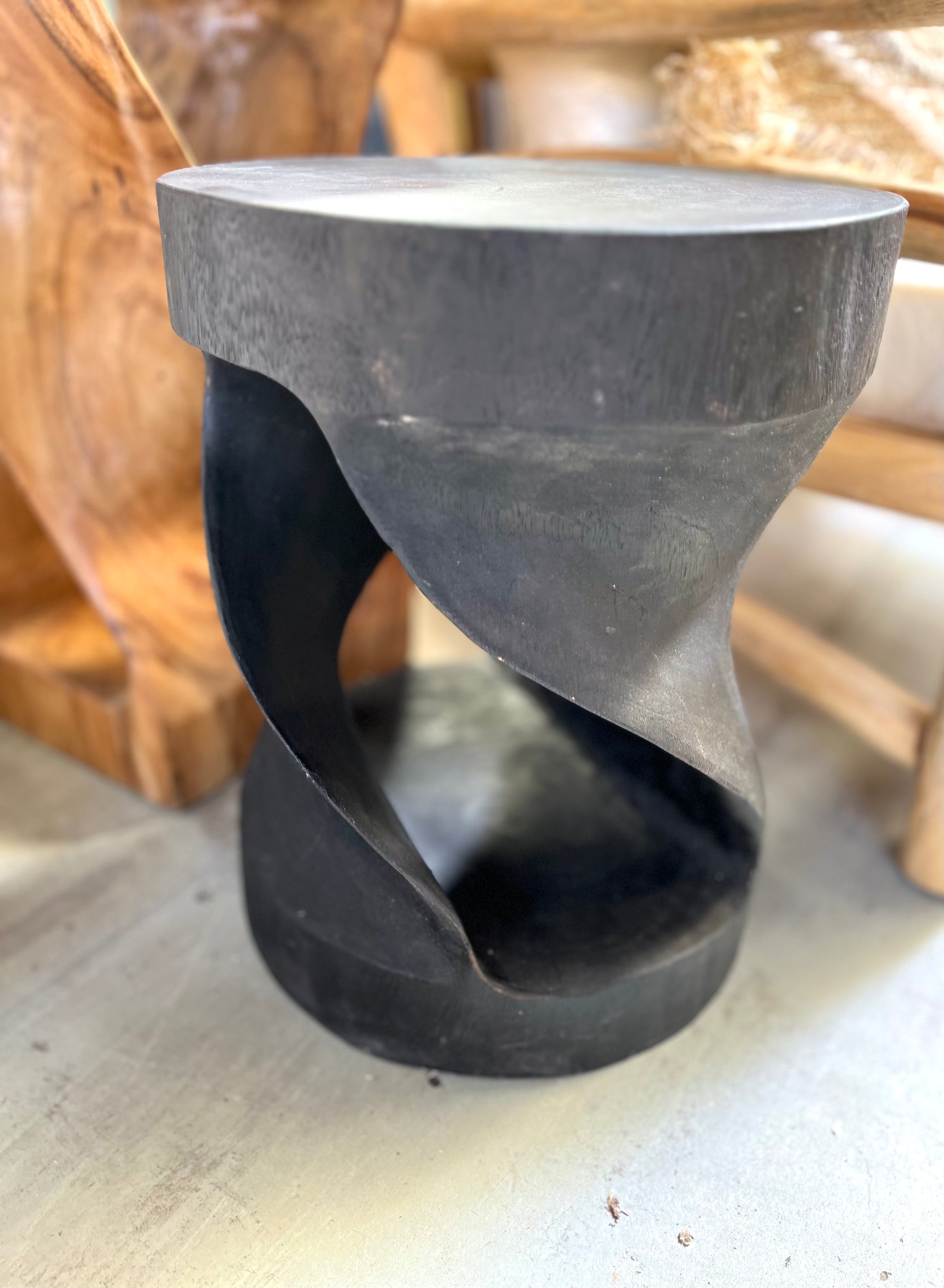 Black twisted timber stool / side table - Bali Beach Beyond