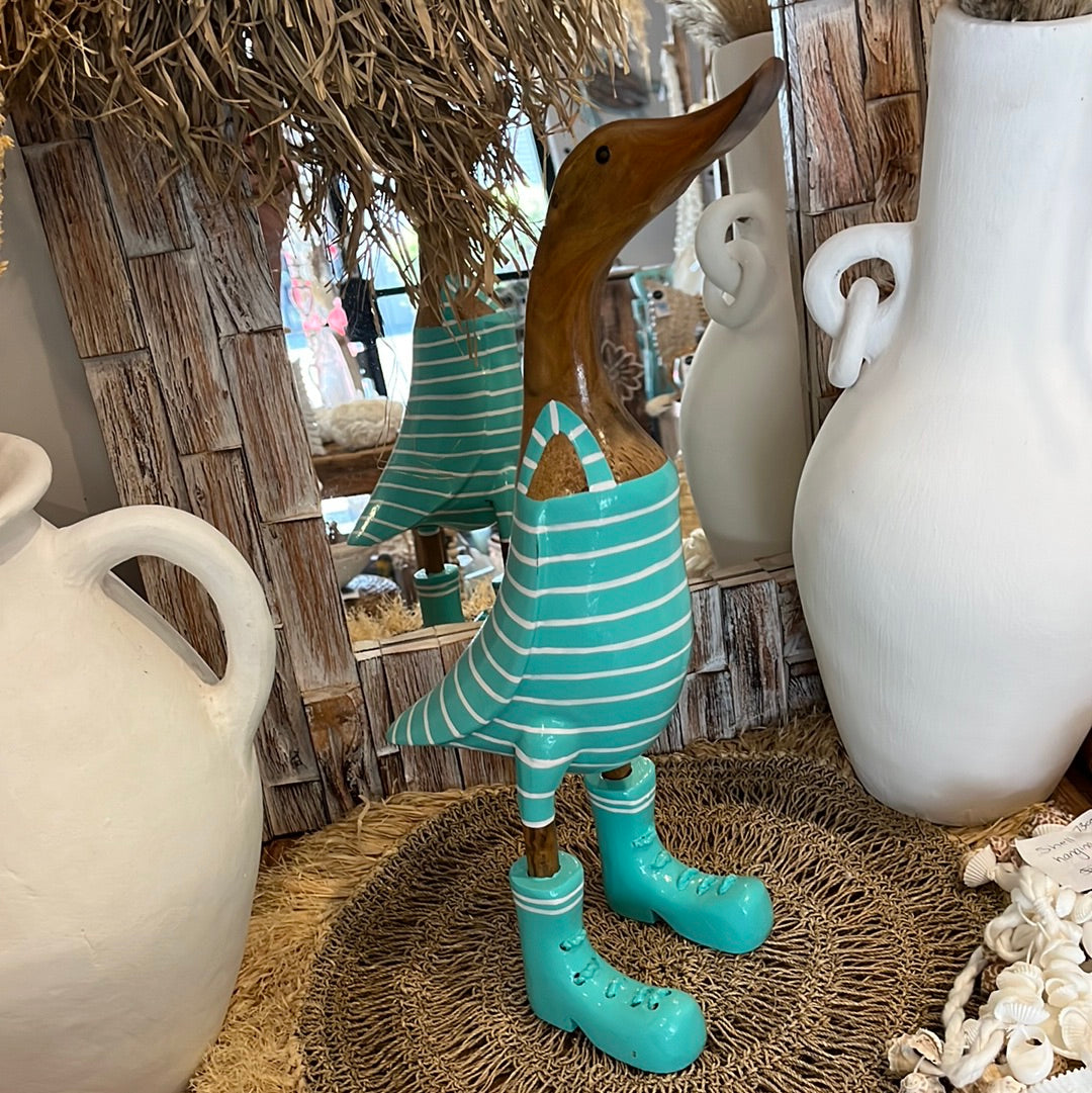 Timber handpainted turquoise striped duck L - Bali Beach Beyond