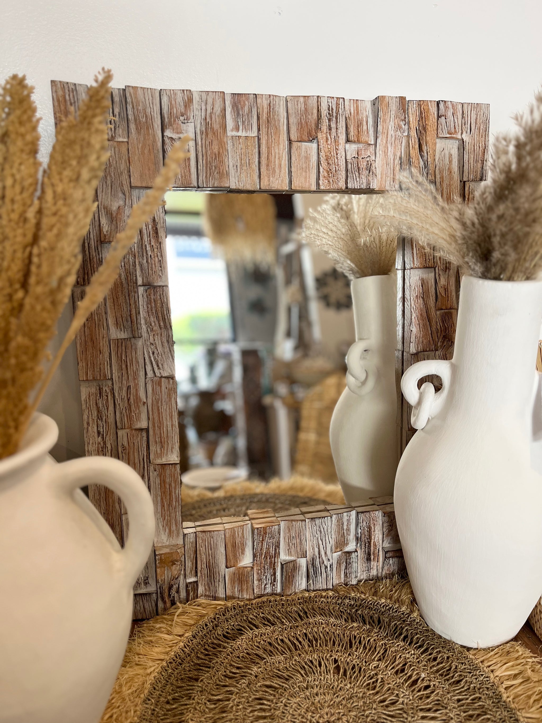 White wash / brown timber mirror - Bali Beach Beyond