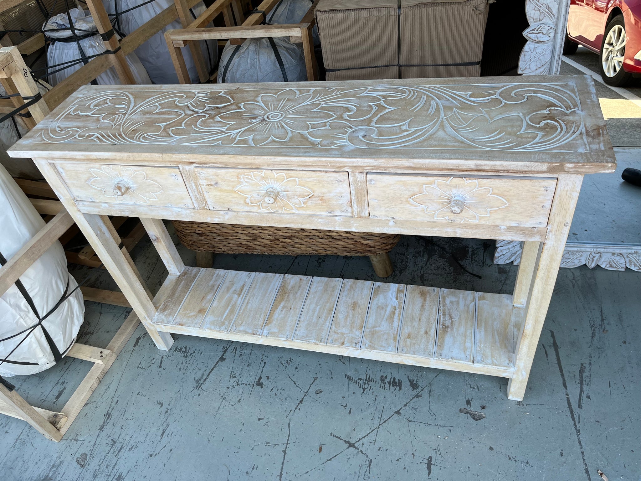 Timber sideboard with 3 drawers. Carved top. 80cm h - Bali Beach Beyond