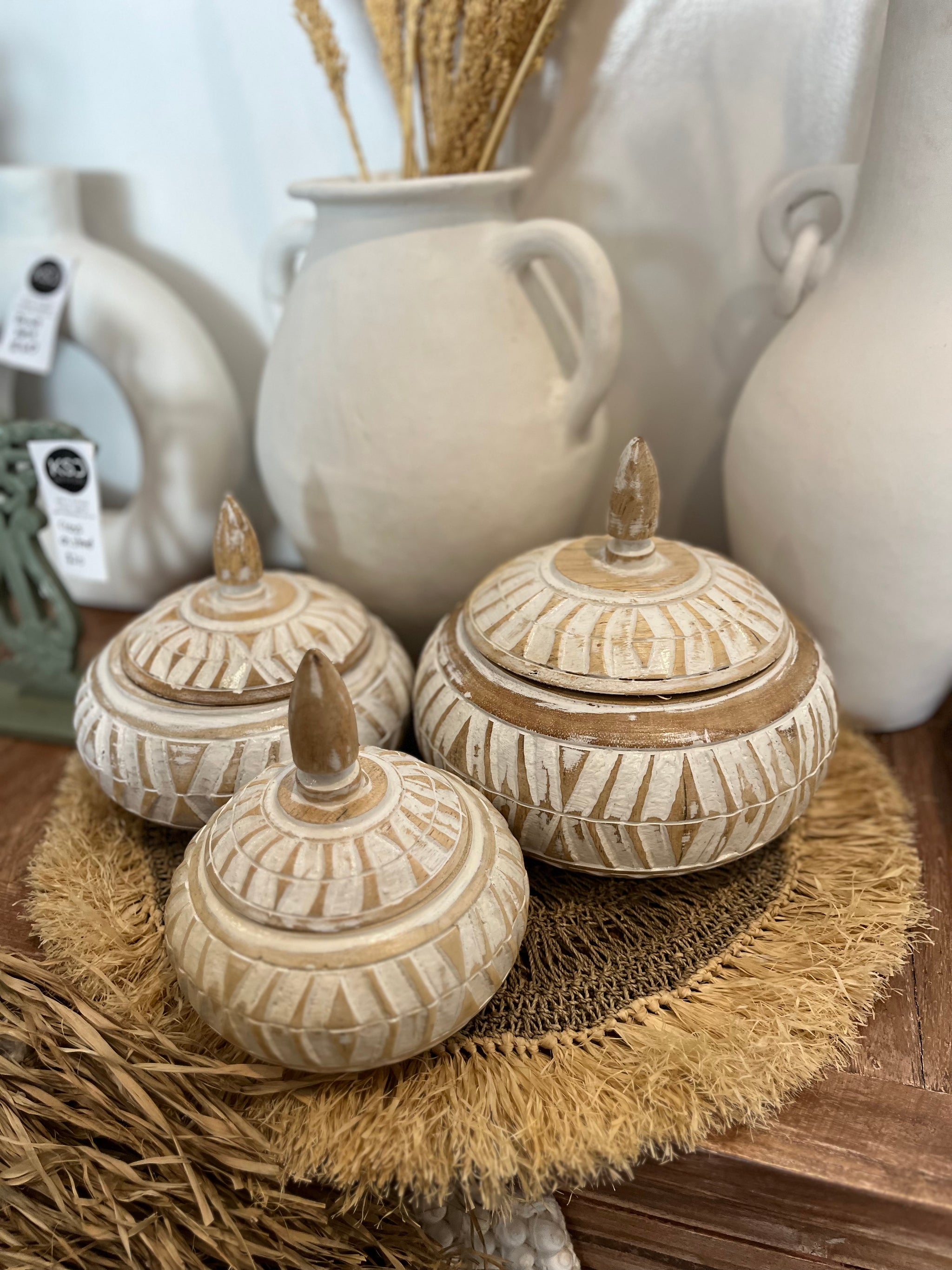 Set 3 container with lids. White wash with carved detail - Bali Beach Beyond