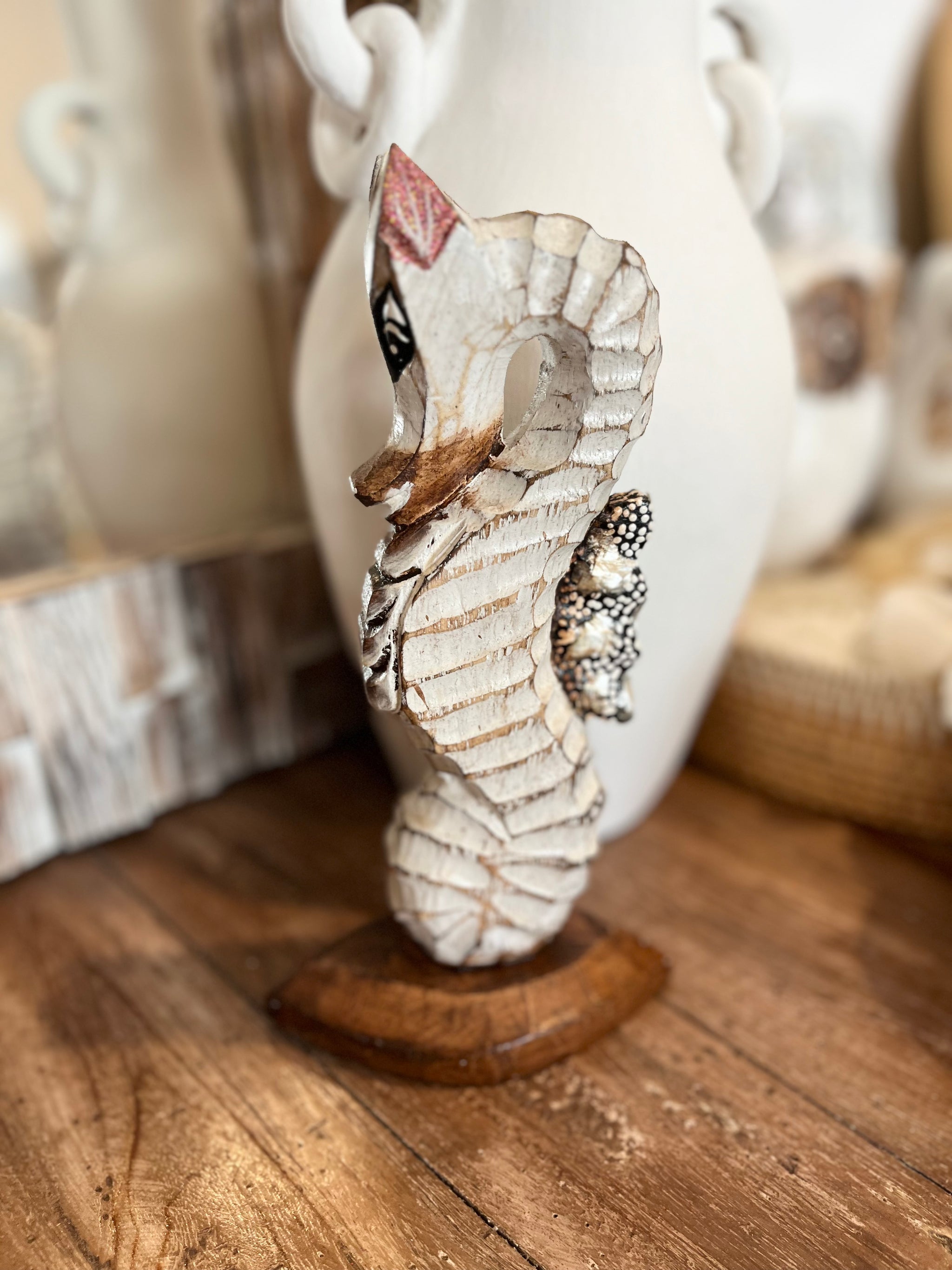 Handpainted white timber seahorse - Bali Beach Beyond
