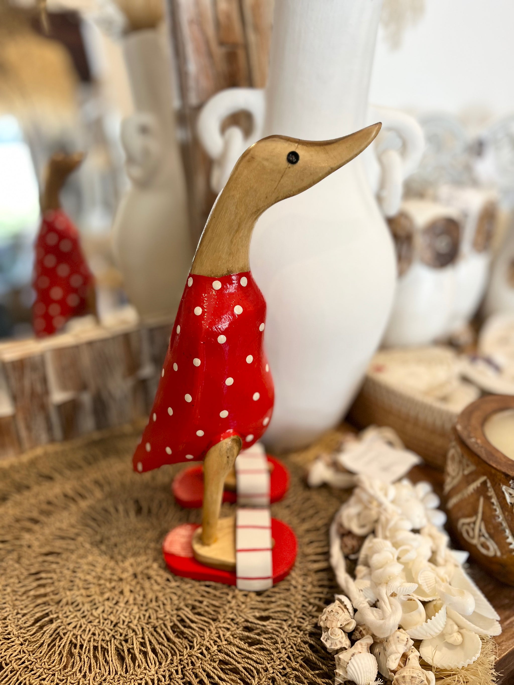 Timber handpainted red duck with white spots S - Bali Beach Beyond