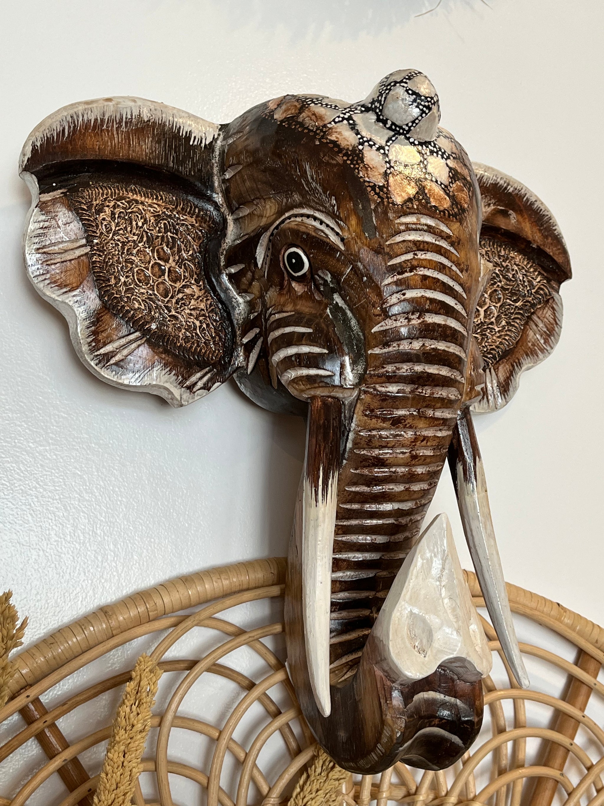 Brown handpainted elephant head wall hanging - Bali Beach Beyond