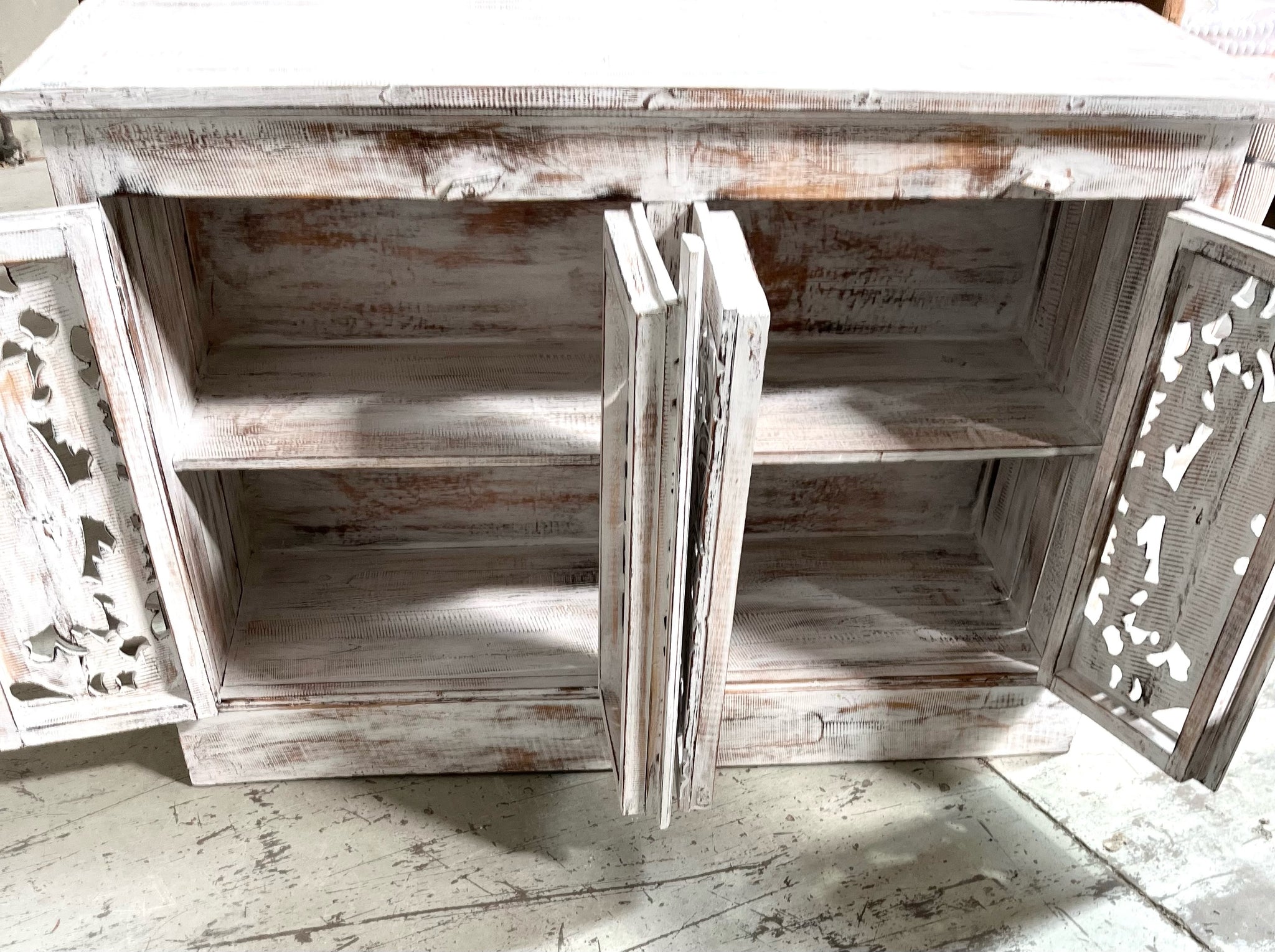 Carved rustic white timber cabinet with 4 doors - Bali Beach Beyond