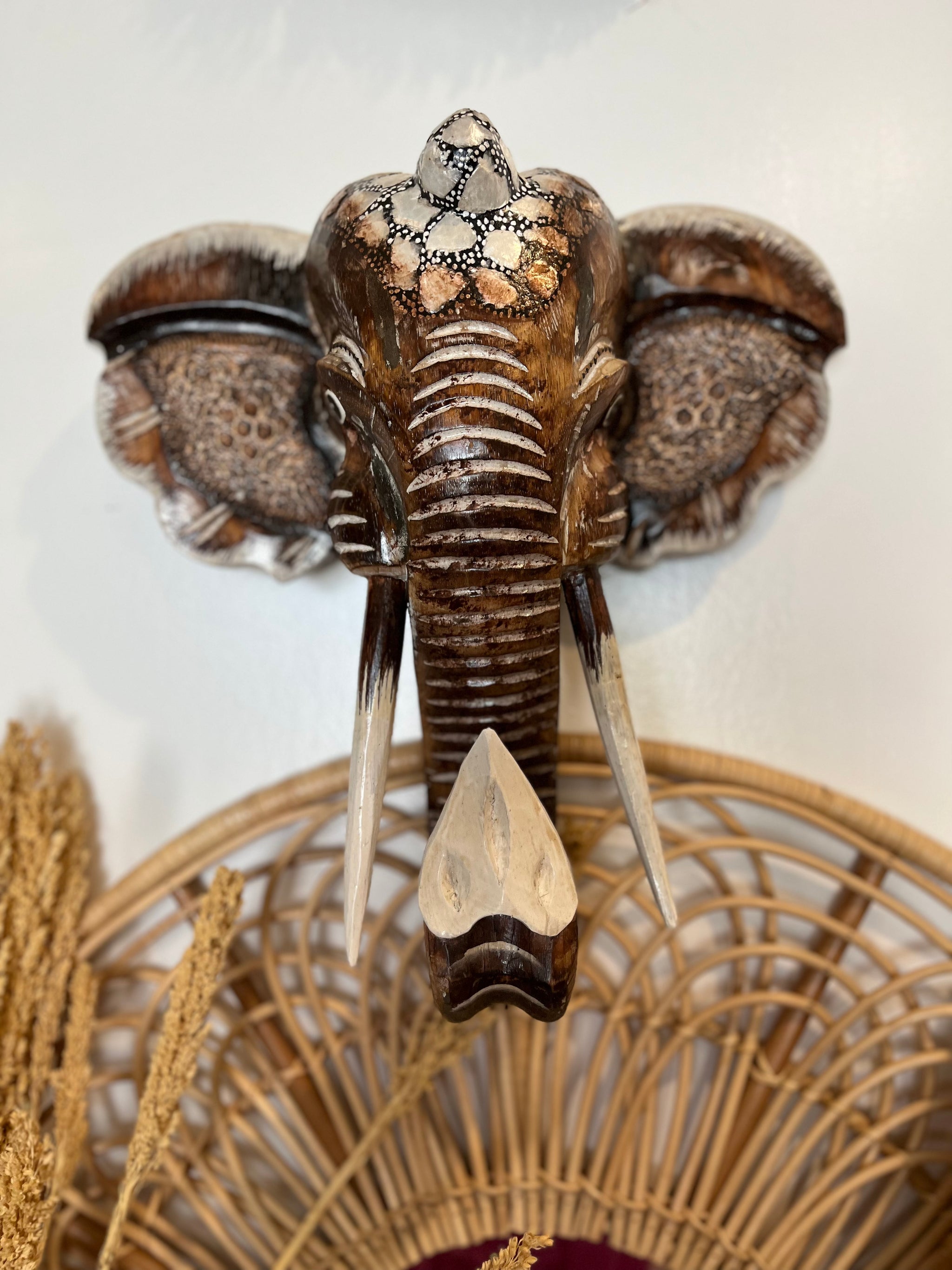 Brown handpainted elephant head wall hanging - Bali Beach Beyond