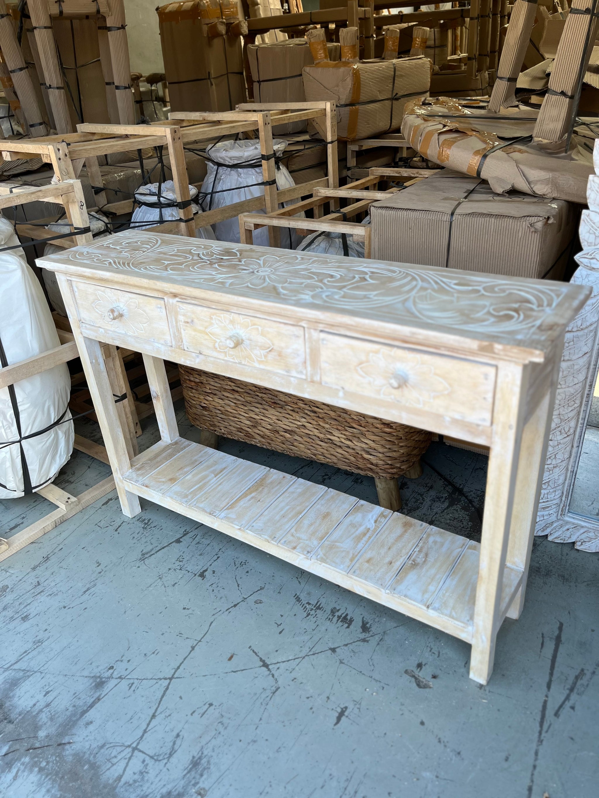 Timber sideboard with 3 drawers. Carved top. 80cm h - Bali Beach Beyond