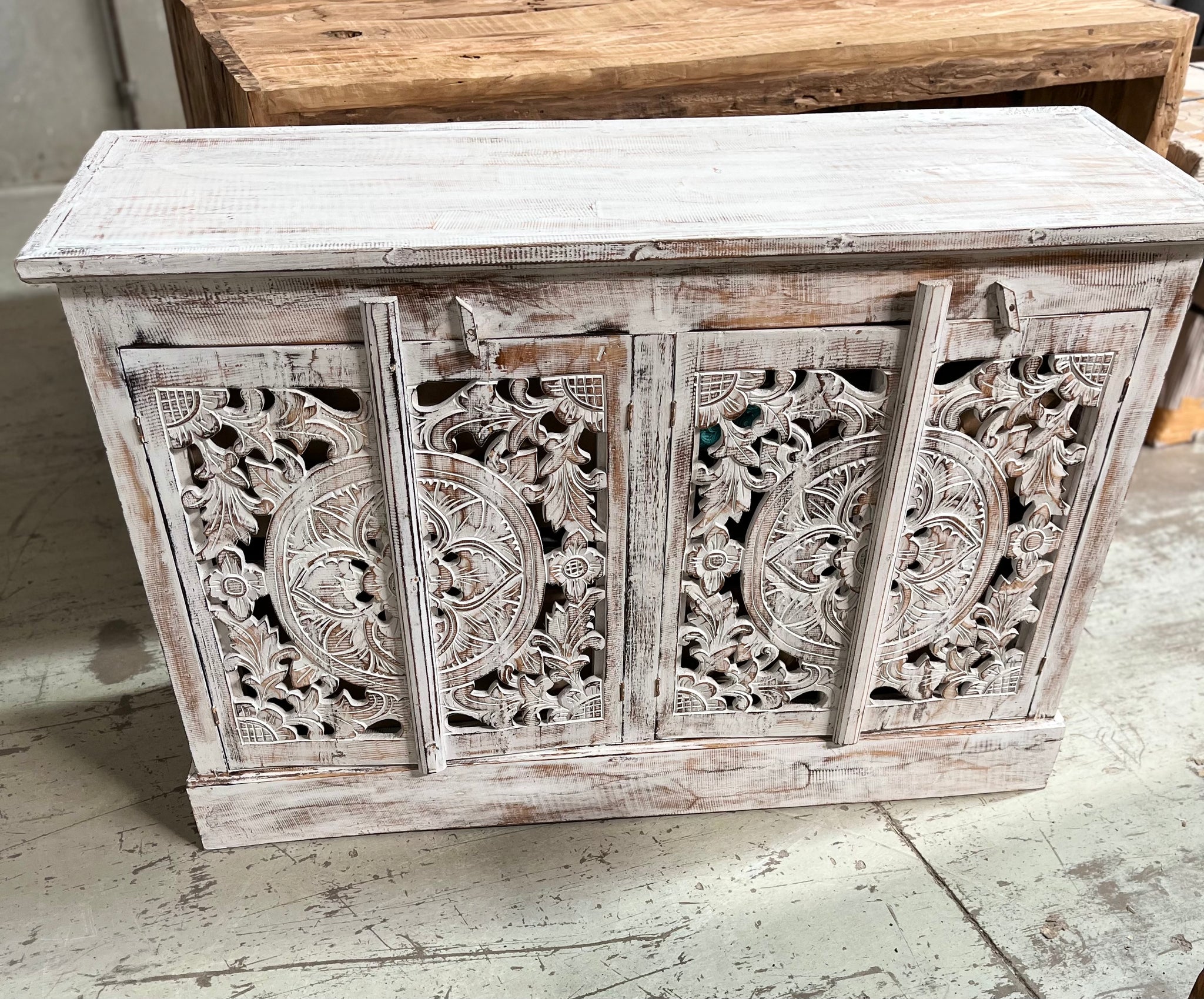 Carved rustic white timber cabinet with 4 doors - Bali Beach Beyond