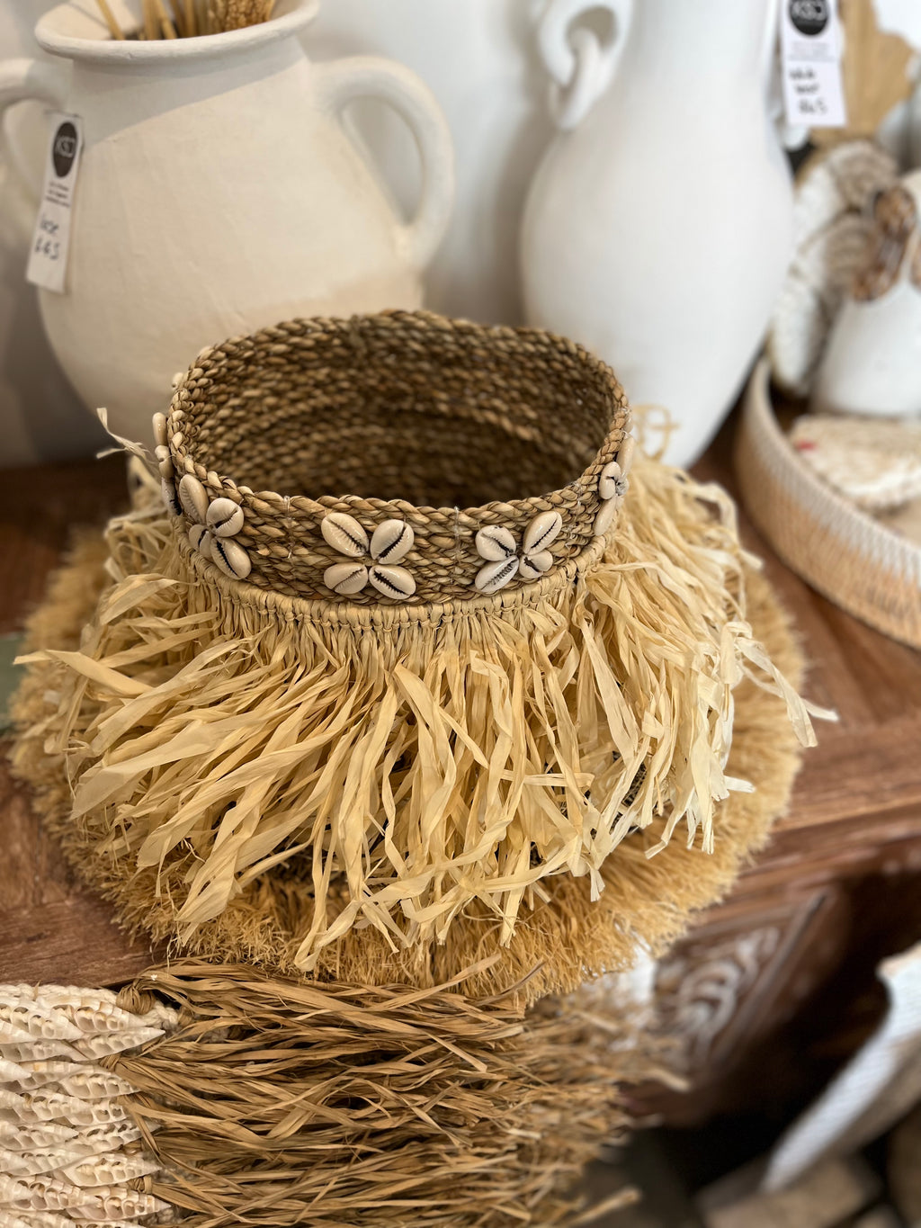 Woven basket with raffia trim and shell detail 20cm high - Bali Beach Beyond