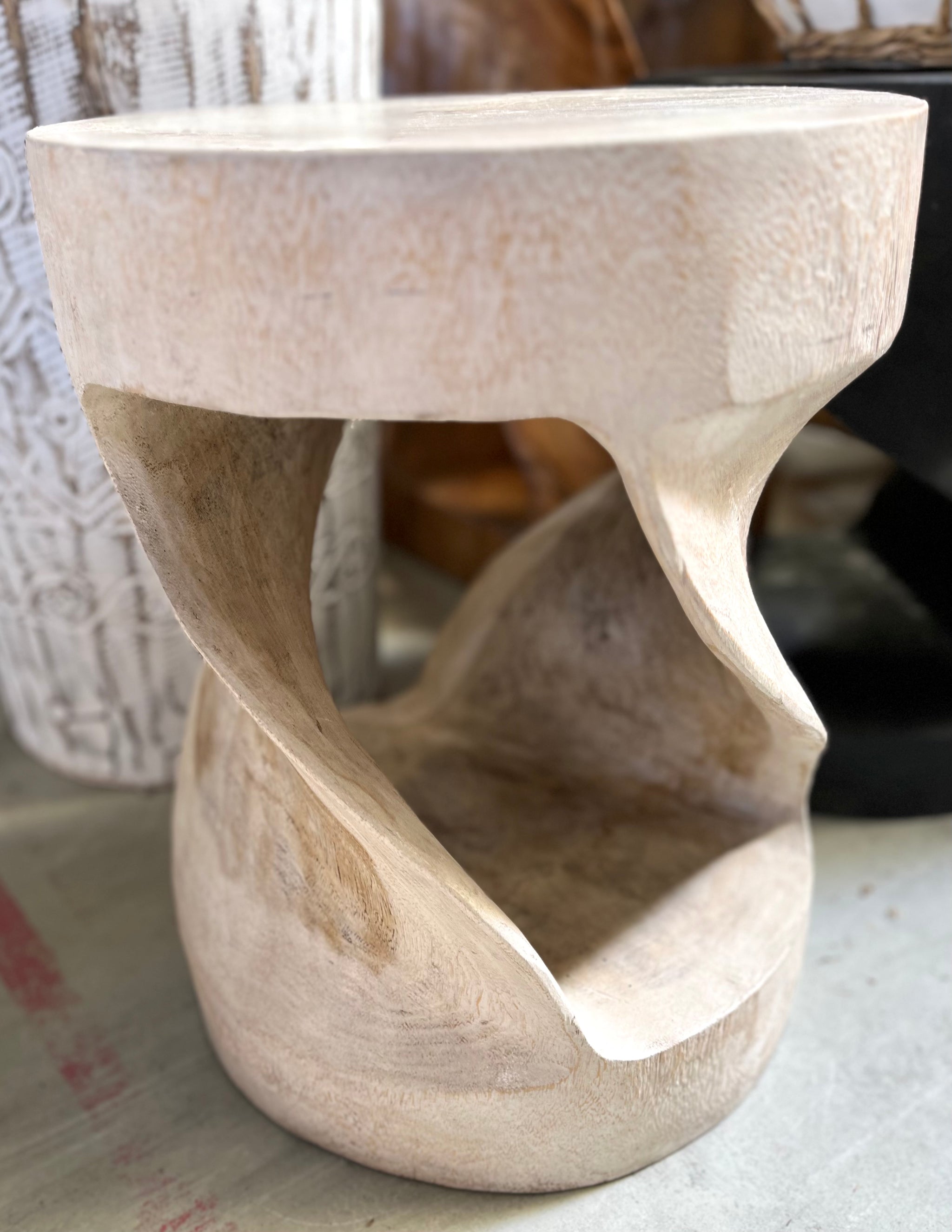 White twisted timber stool / side table - Bali Beach Beyond