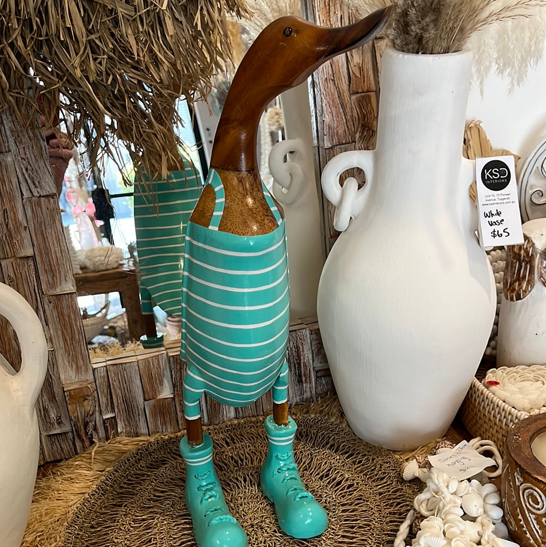 Timber handpainted turquoise striped duck XL - Bali Beach Beyond