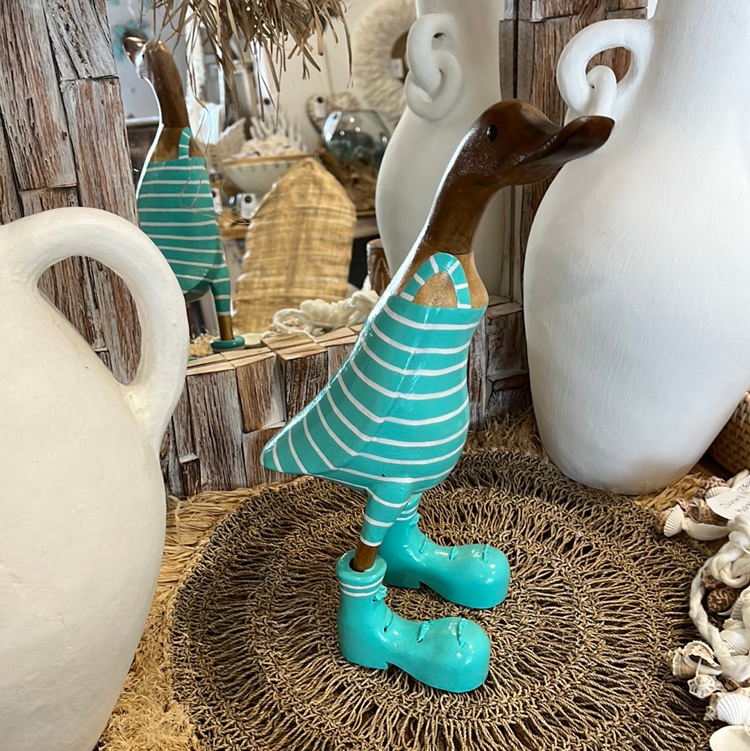 Timber handpainted turquoise striped duck M - Bali Beach Beyond