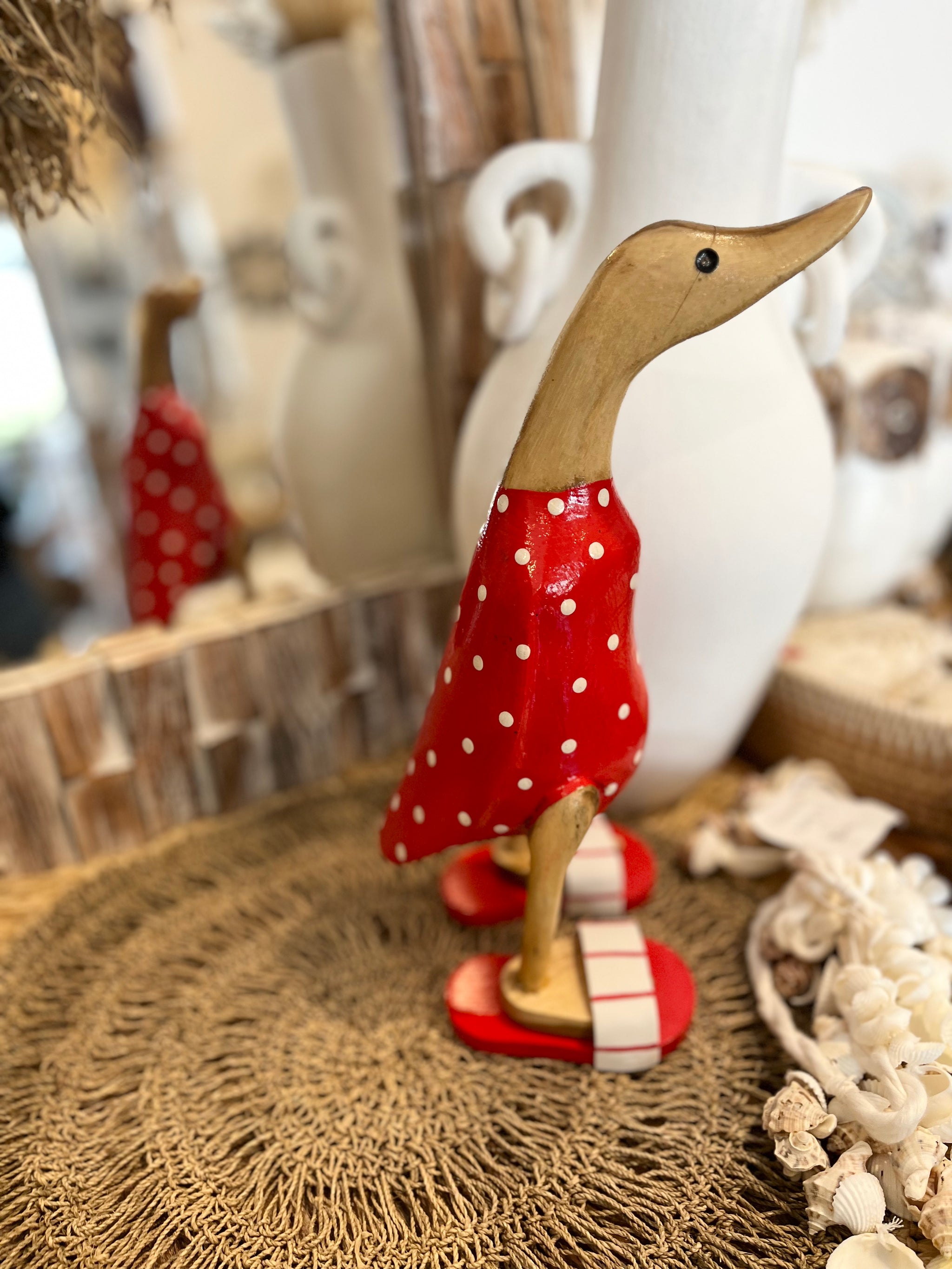 Timber handpainted red duck with white spots S - Bali Beach Beyond