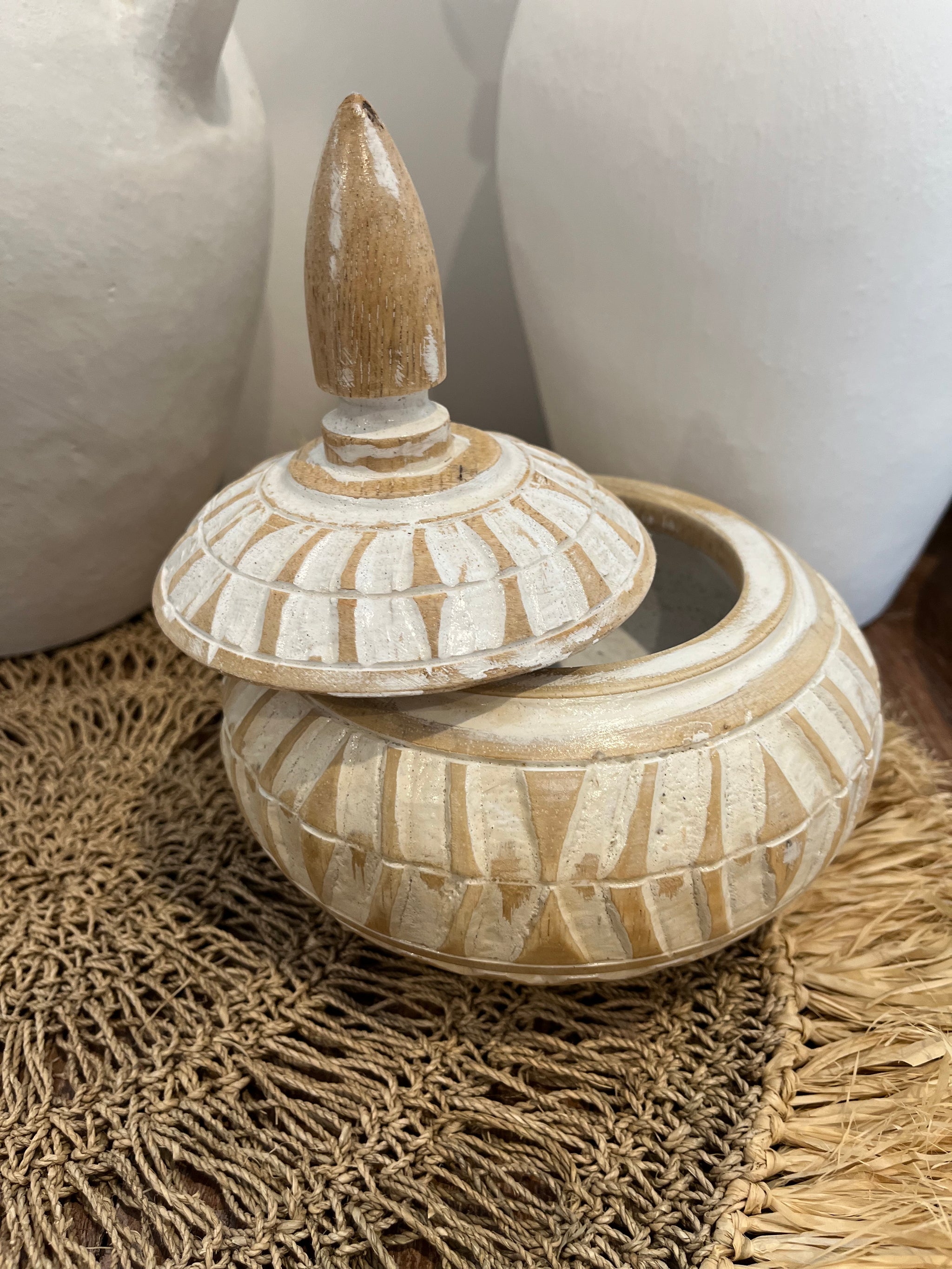 Carved 15cm container with lid. White wash with carved detail. Design 2 - Bali Beach Beyond