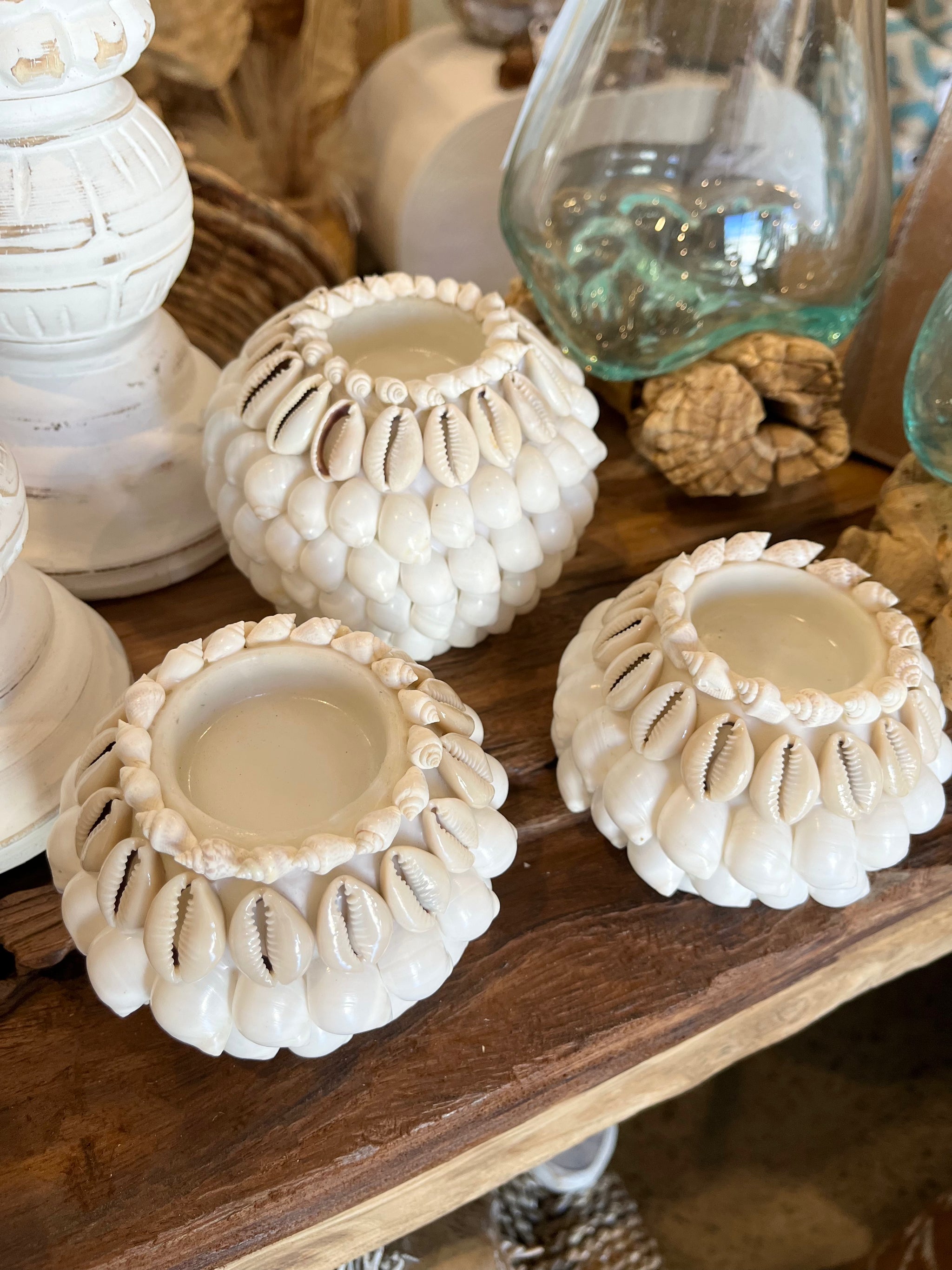 Set 3 white /  natural shell tealight / candle holder - Bali Beach Beyond