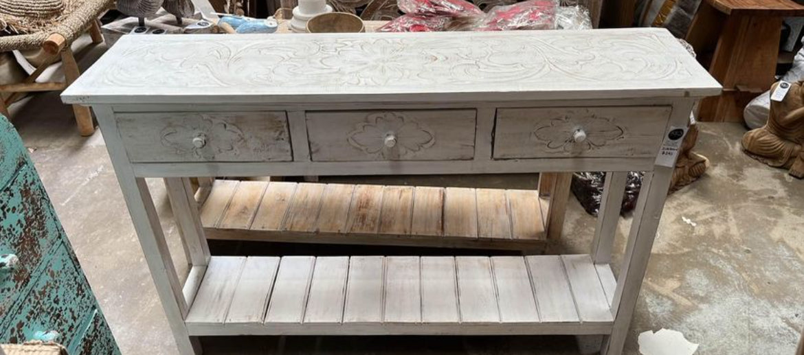 Rustic white Timber sideboard with 3 drawers. Carved top. - Bali Beach Beyond