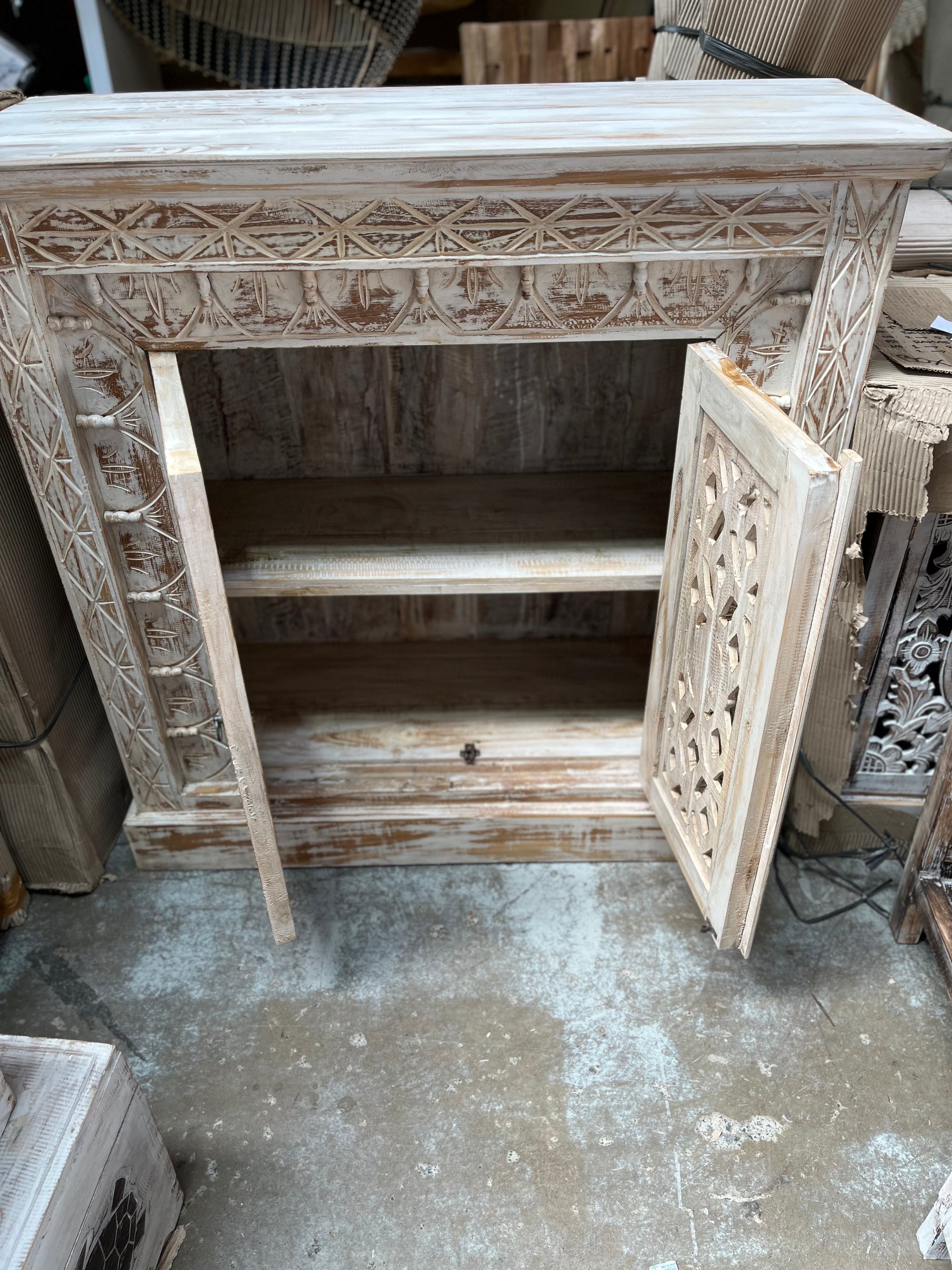 Carved rustic white timber cabinet / sideboard with 2 doors - Bali Beach Beyond