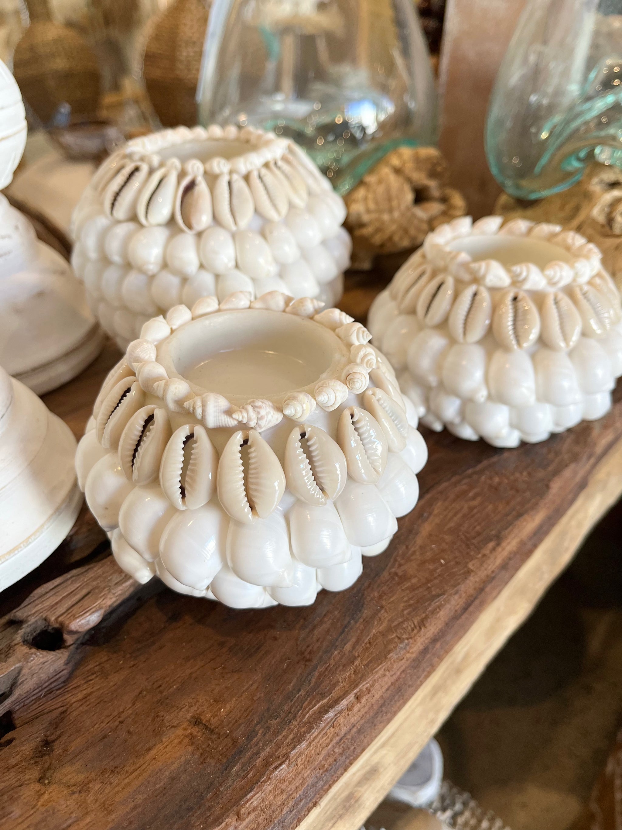 Set 3 white /  natural shell tealight / candle holder - Bali Beach Beyond