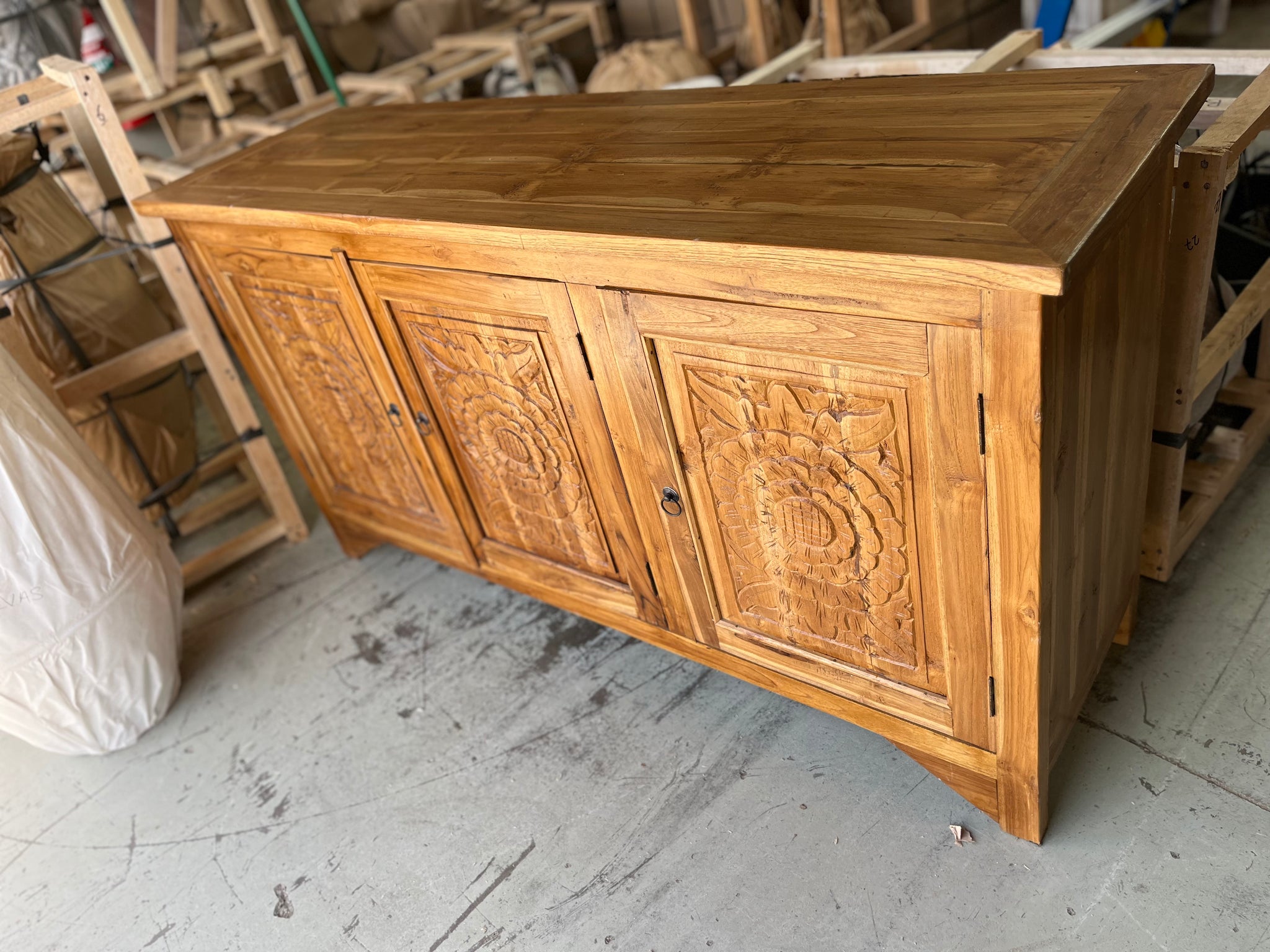 3 door carved timber cabinet / sideboard - Bali Beach Beyond