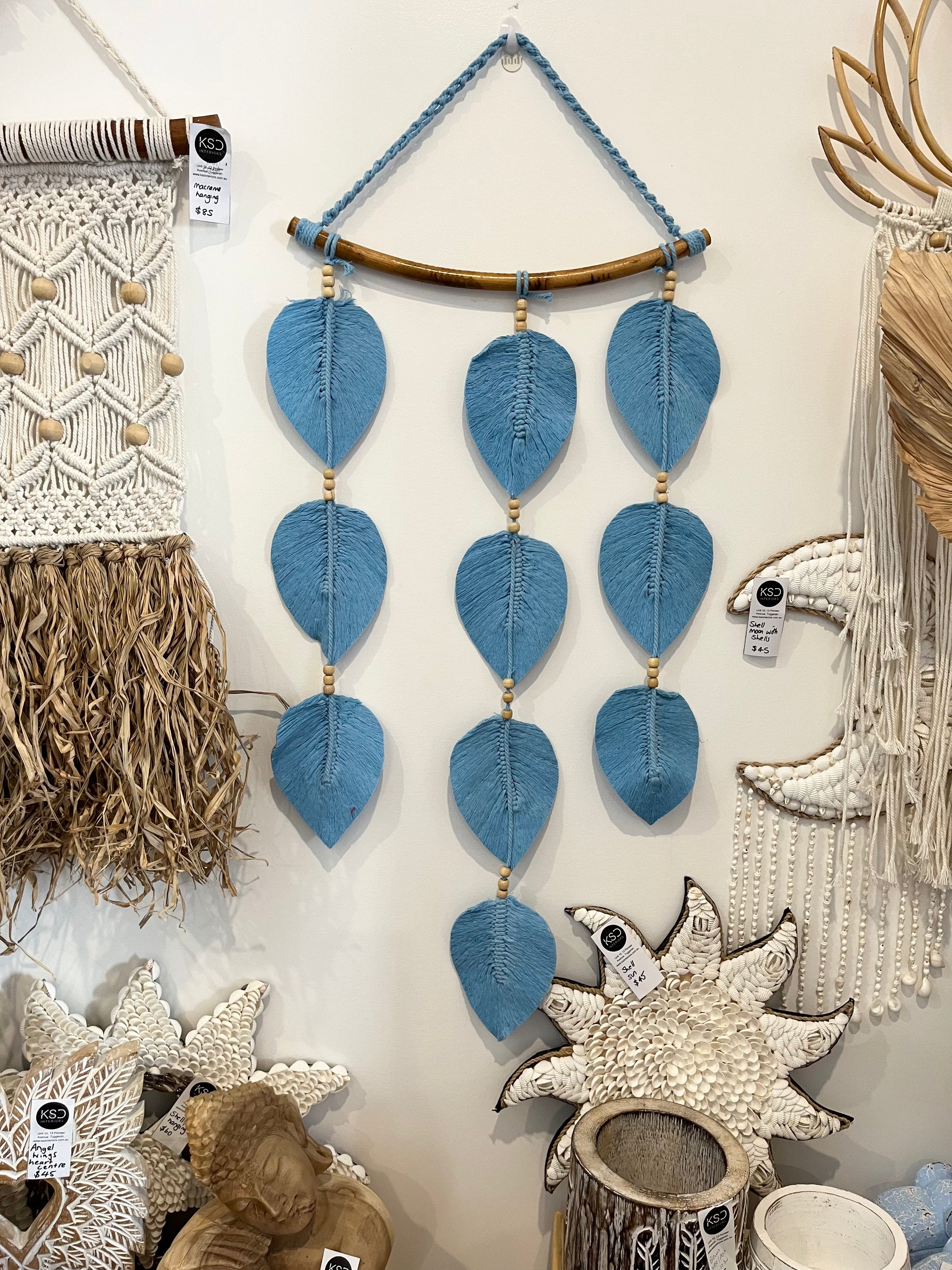 Macrame leaf wall hanging. Blue. - Bali Beach Beyond