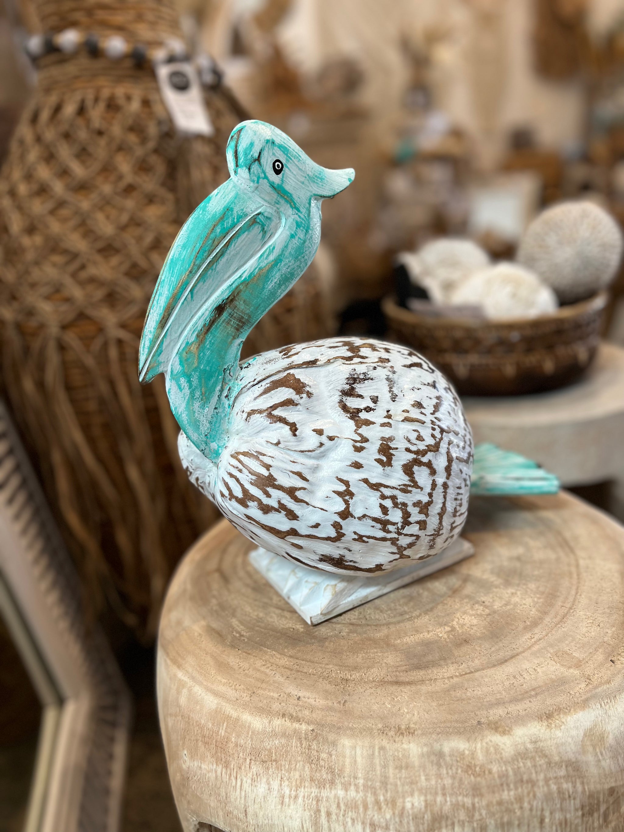 Coconut Pelican on stand. Turquoise/ white - Bali Beach Beyond