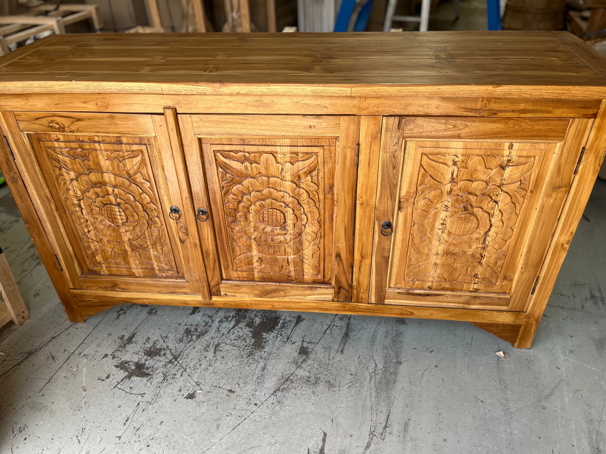 3 door carved timber cabinet / sideboard - Bali Beach Beyond