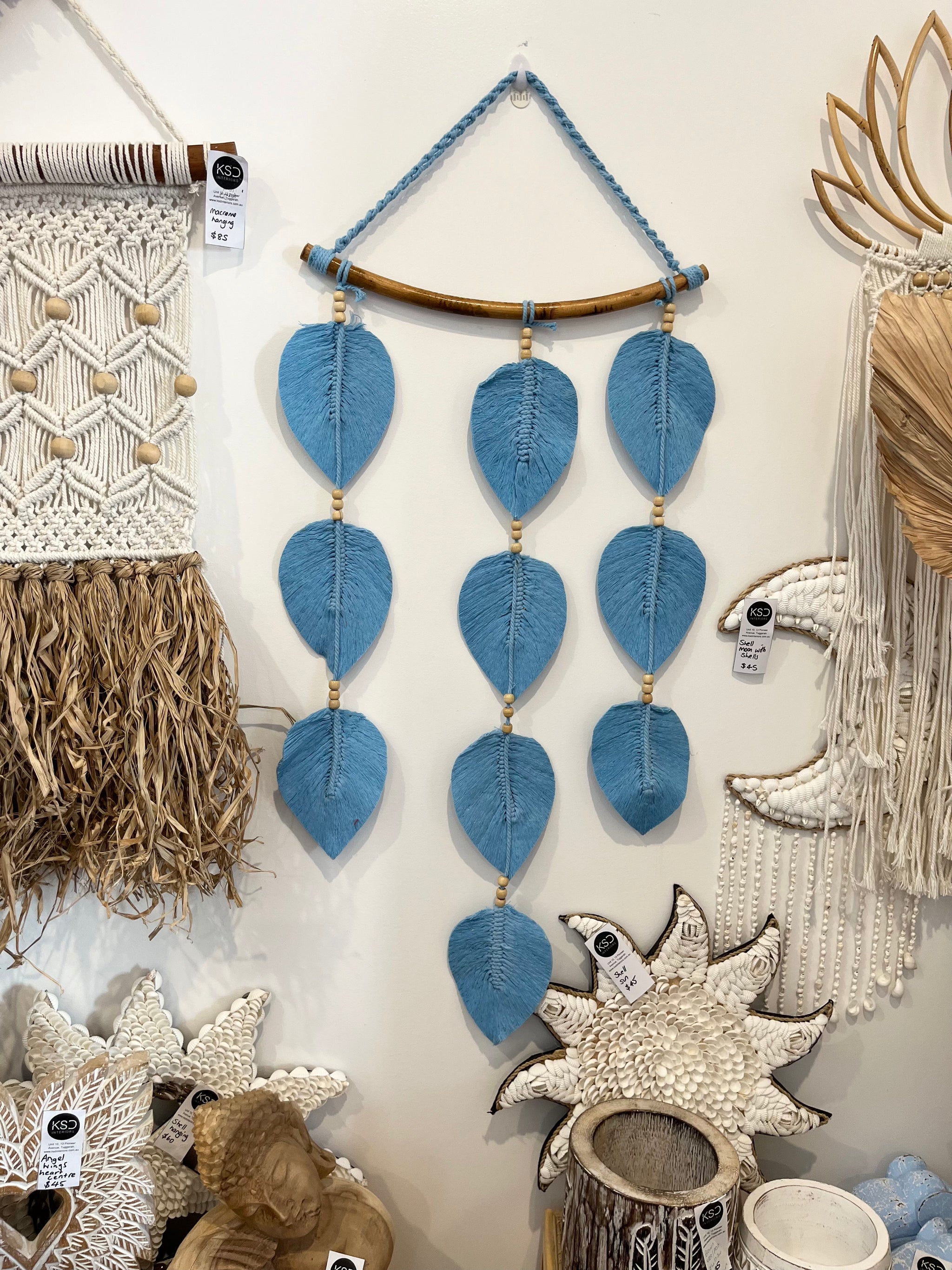 Macrame leaf wall hanging. Blue. - Bali Beach Beyond