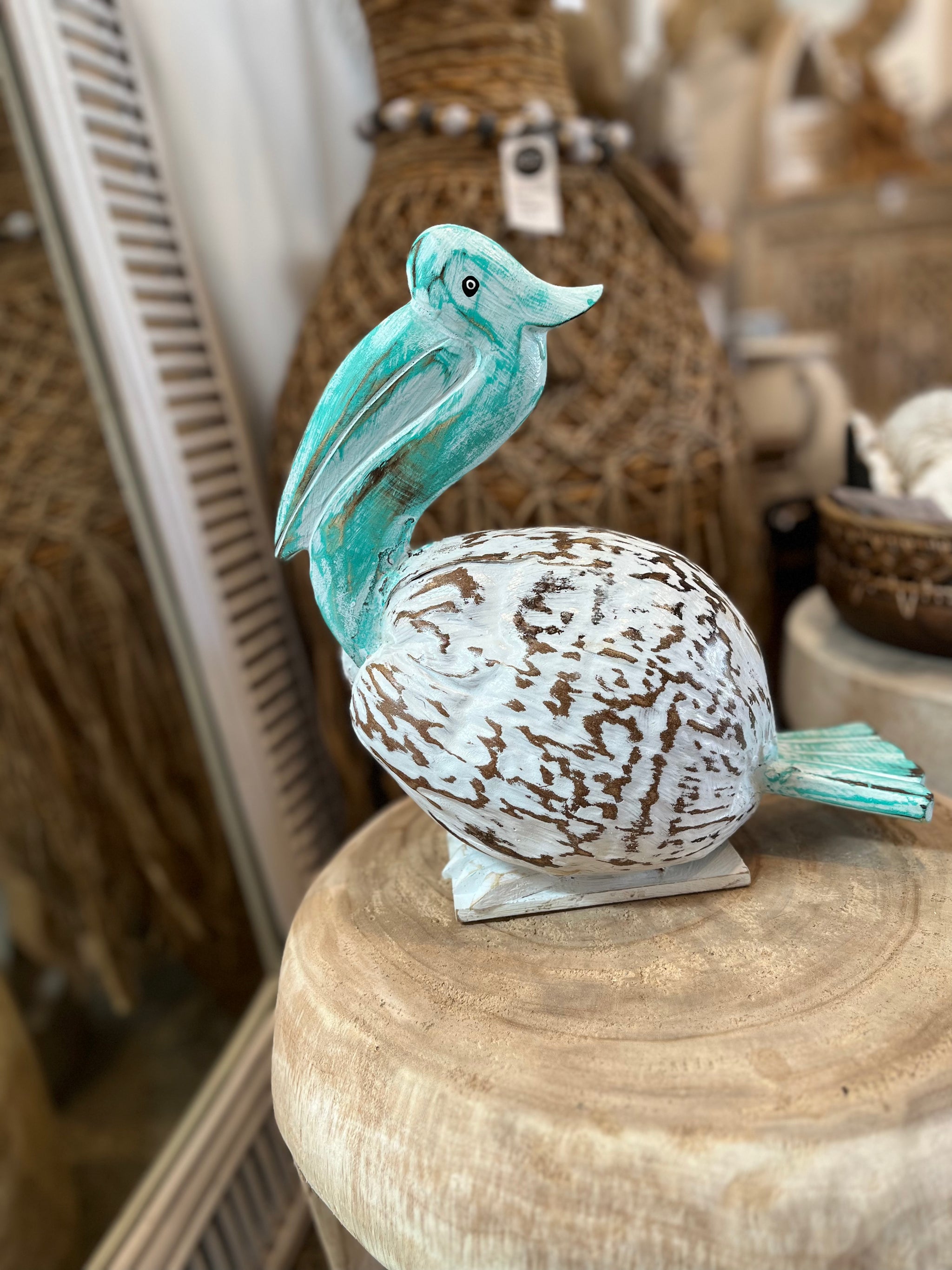 Coconut Pelican on stand. Turquoise/ white - Bali Beach Beyond